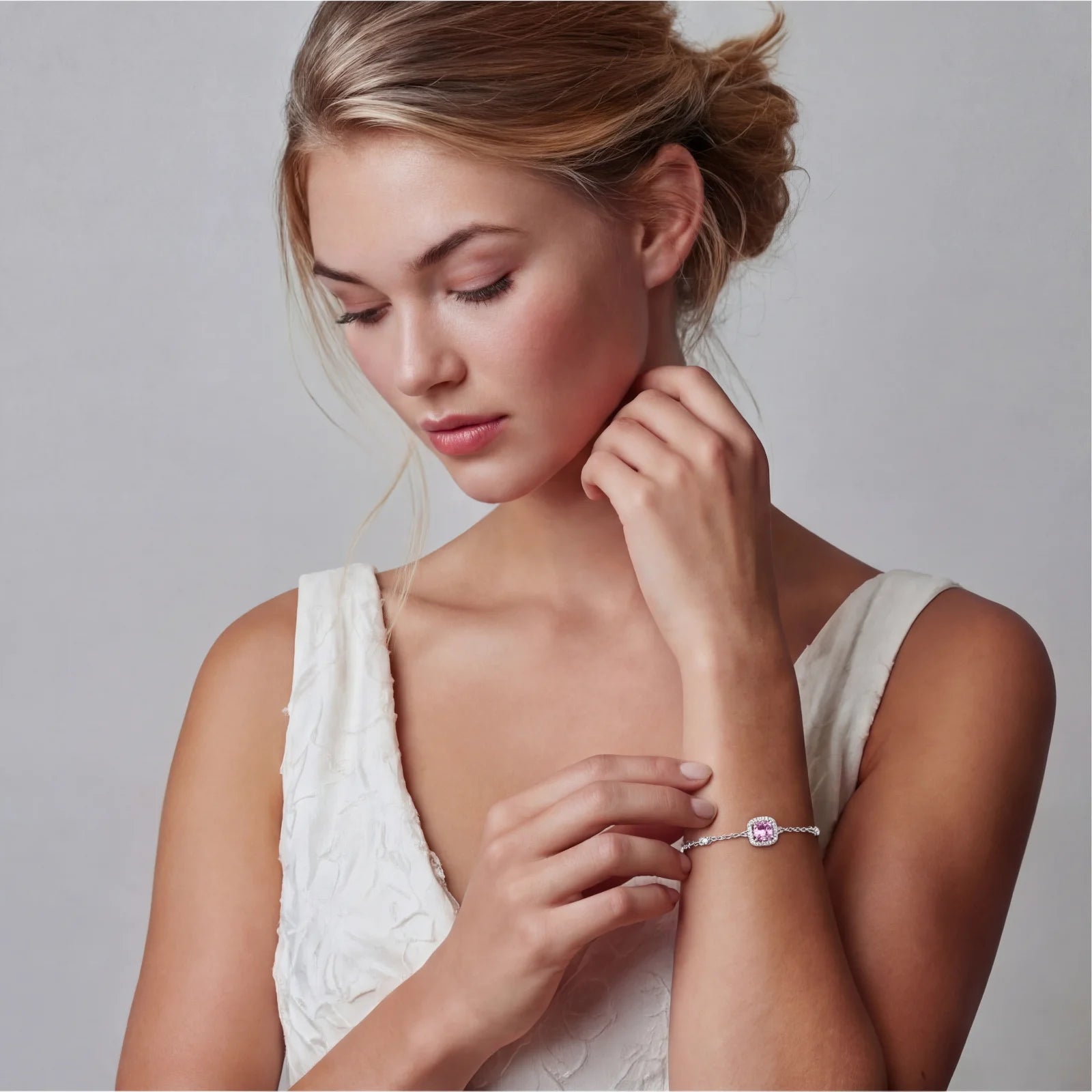Sterling silver jewelry set featuring pink moissanite stones in halo settings on white background.