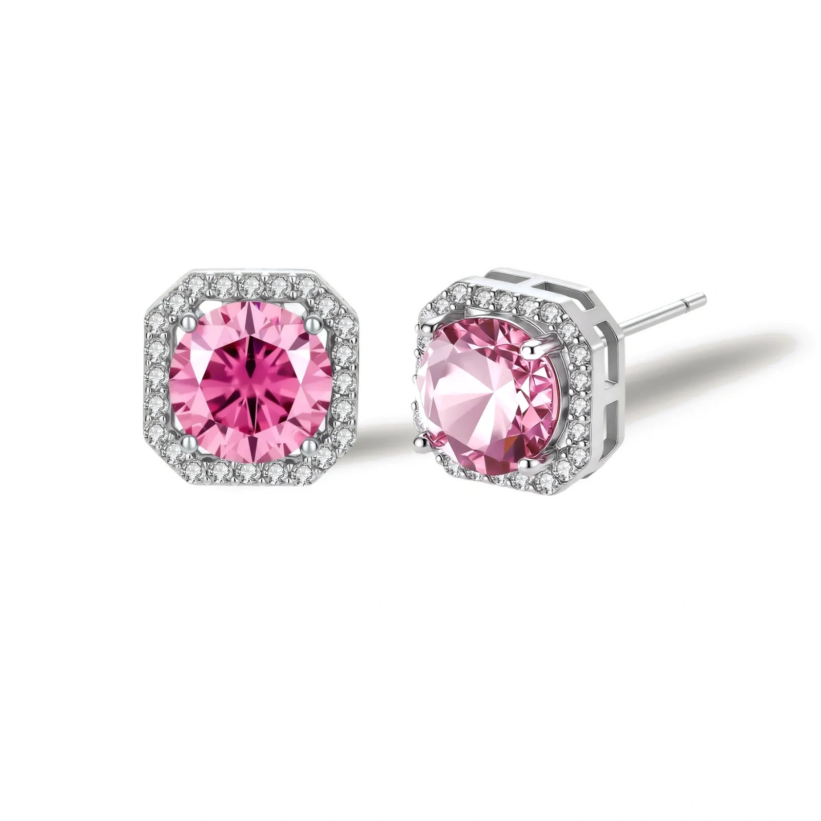 Sterling silver jewelry set featuring pink moissanite stones in halo settings on white background.