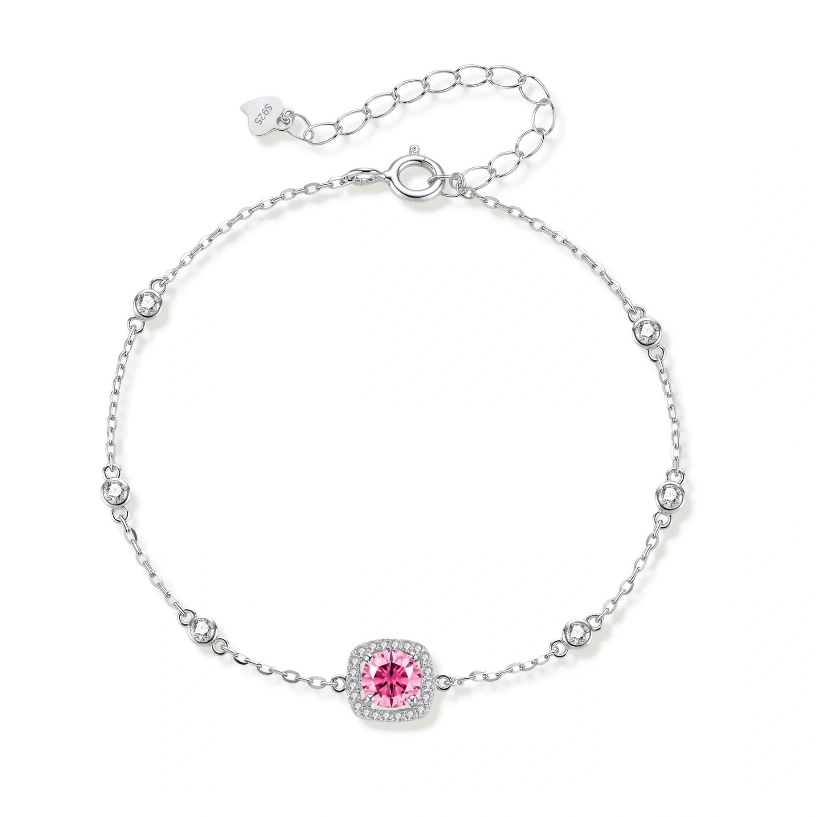 Sterling silver jewelry set featuring pink moissanite stones in halo settings on white background.