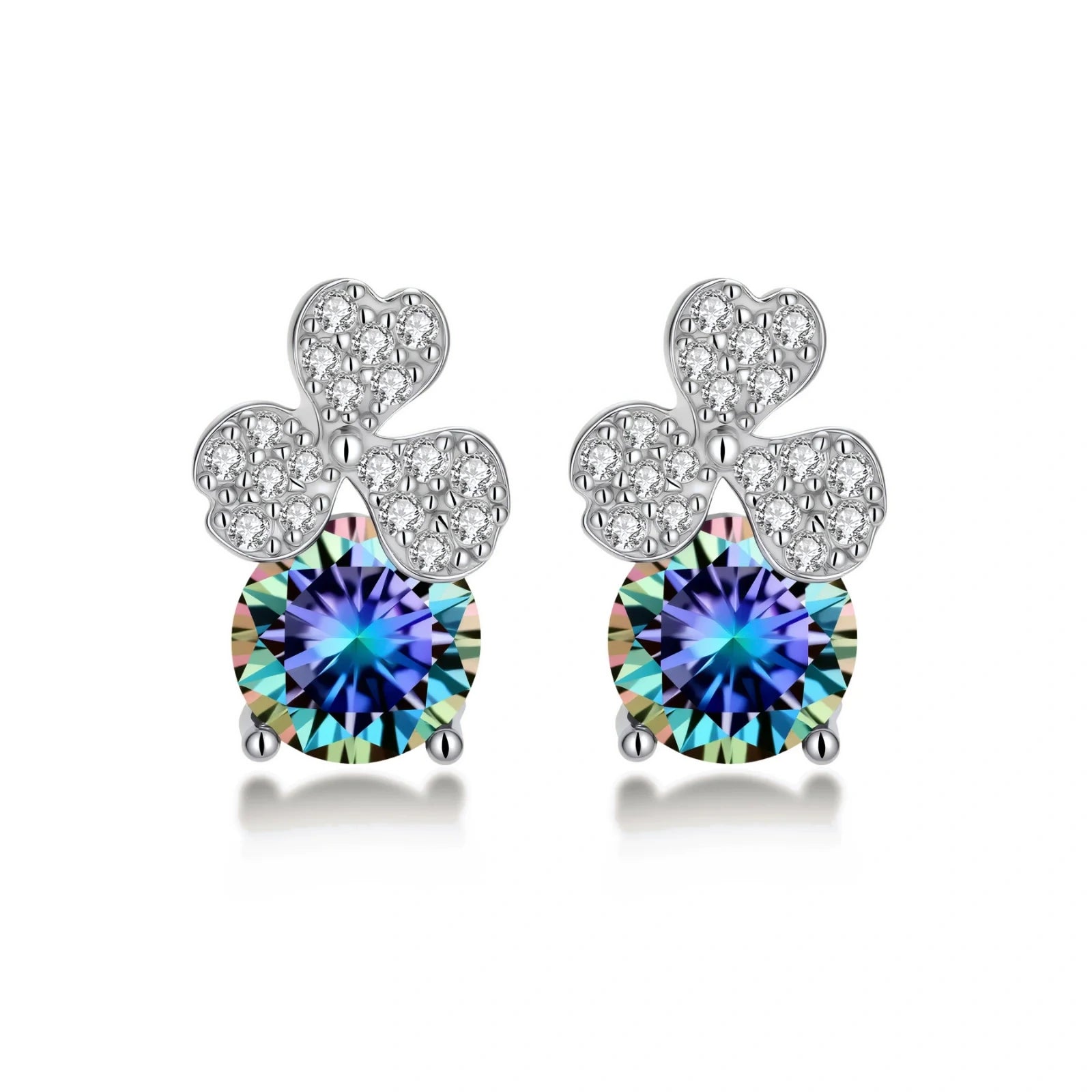 Sterling silver stud earrings with four-leaf clover design featuring small crystals above round moissanite stones