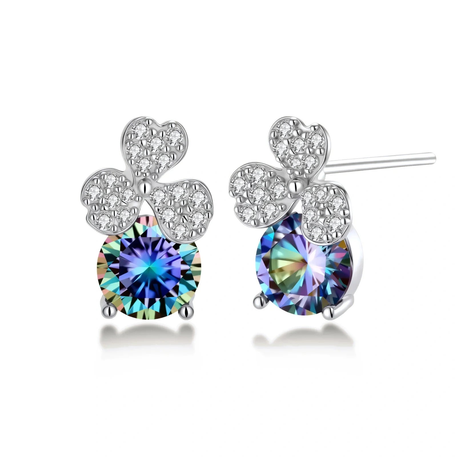 Sterling silver stud earrings with four-leaf clover design featuring small crystals above round moissanite stones