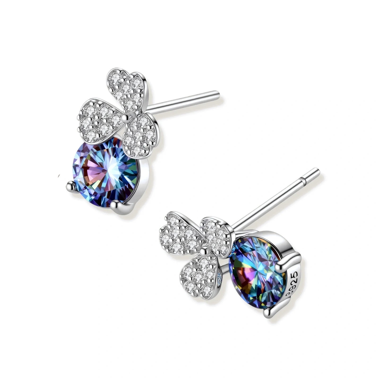 Sterling silver stud earrings with four-leaf clover design featuring small crystals above round moissanite stones