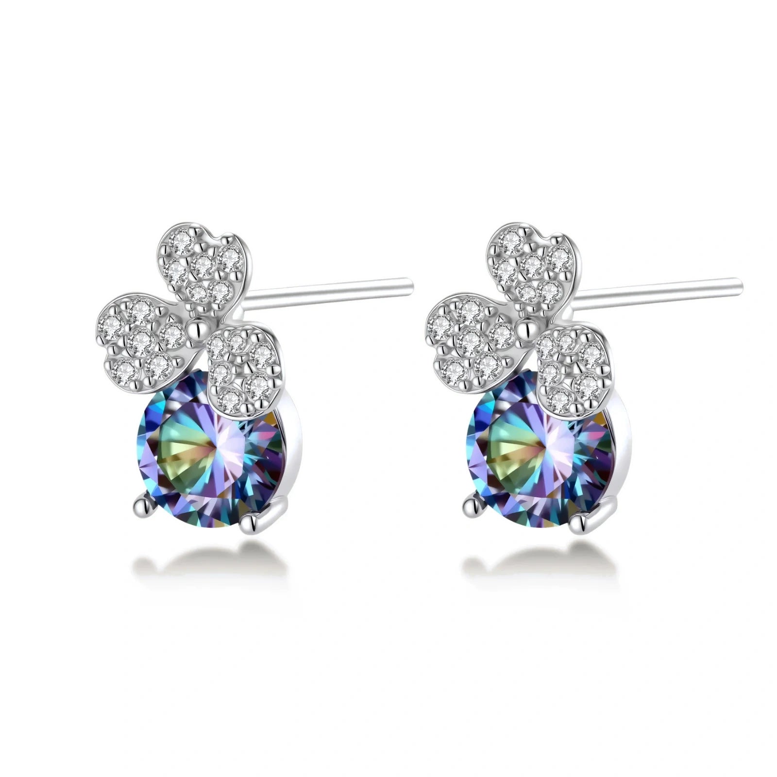 Sterling silver stud earrings with four-leaf clover design featuring small crystals above round moissanite stones