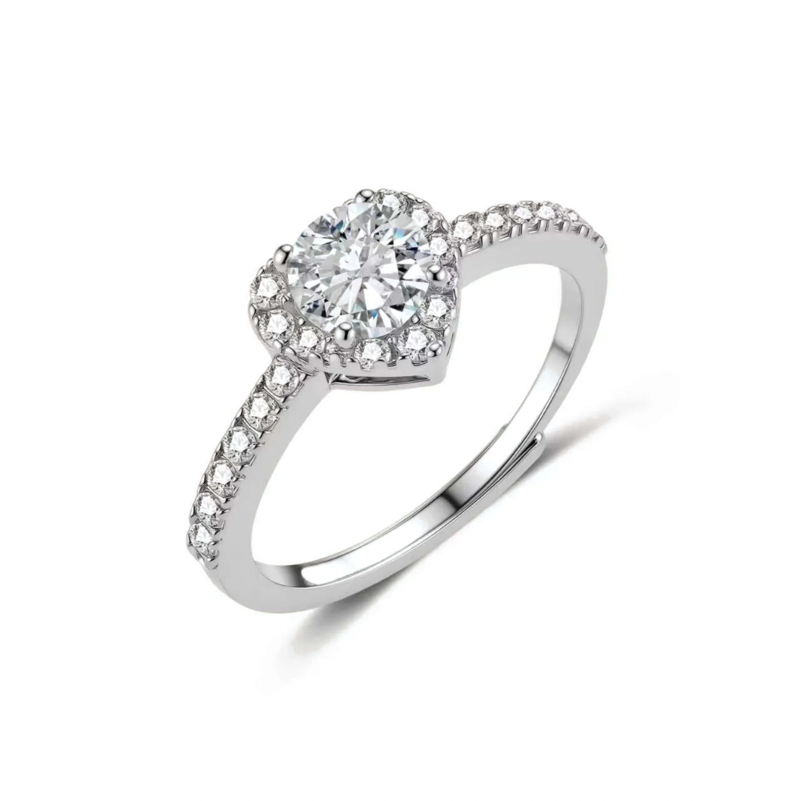 Heart-shaped halo ring with brilliant moissanite center stone surrounded by smaller crystals in sterling silver setting