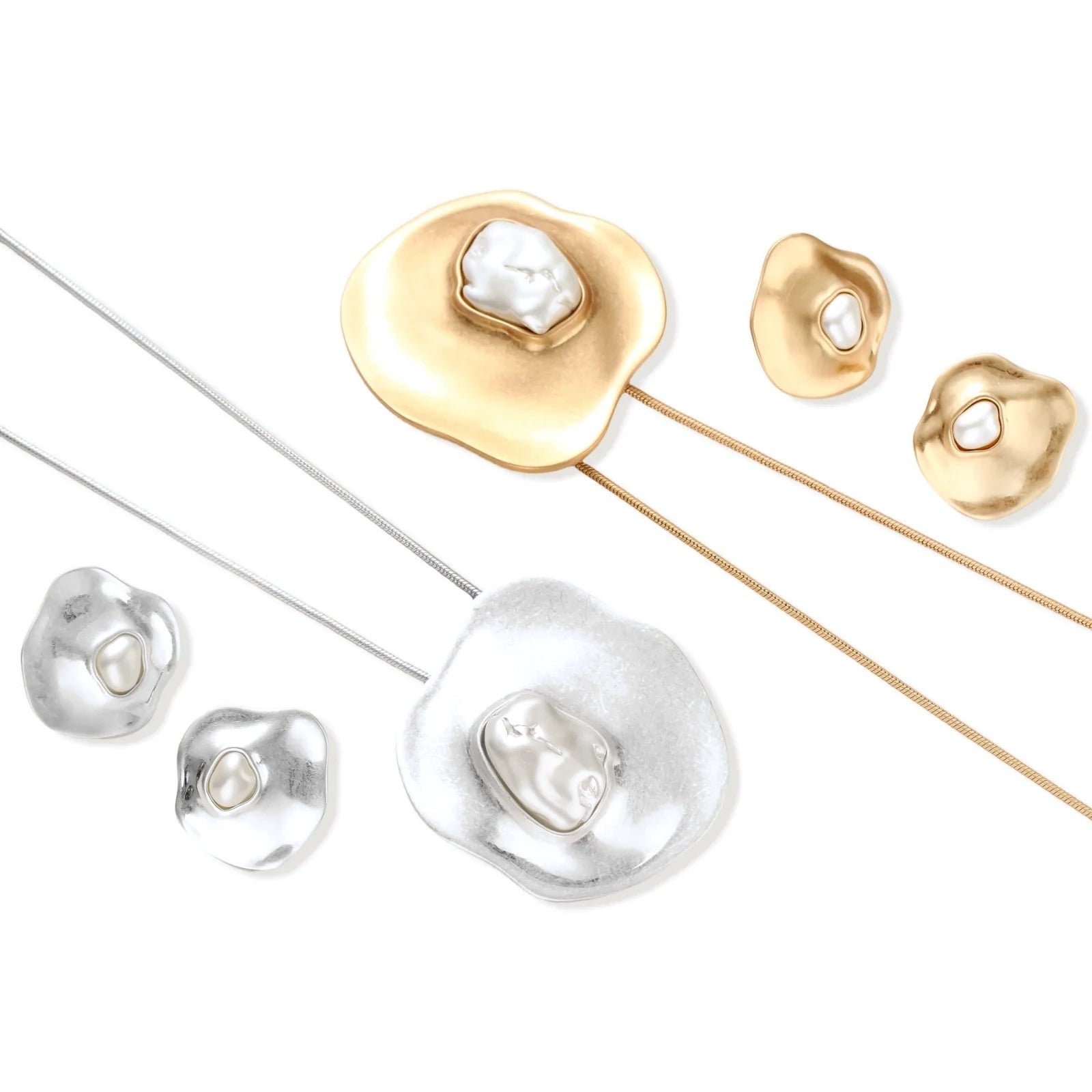 Organic-shaped eco-zinc alloy stud earrings with resin pearl centers and sterling silver posts on white background.