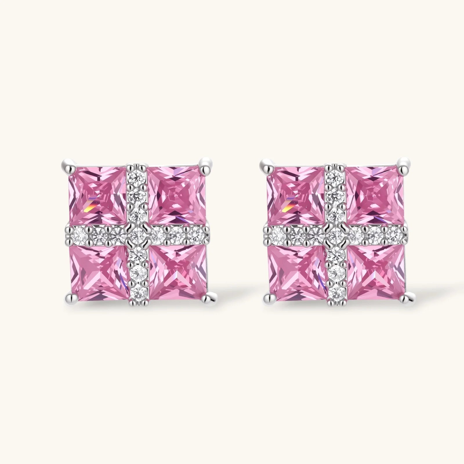 White gold plated jewelry set with pink cubic zirconia stones in geometric  design, featuring Y-necklace and square stud earrings