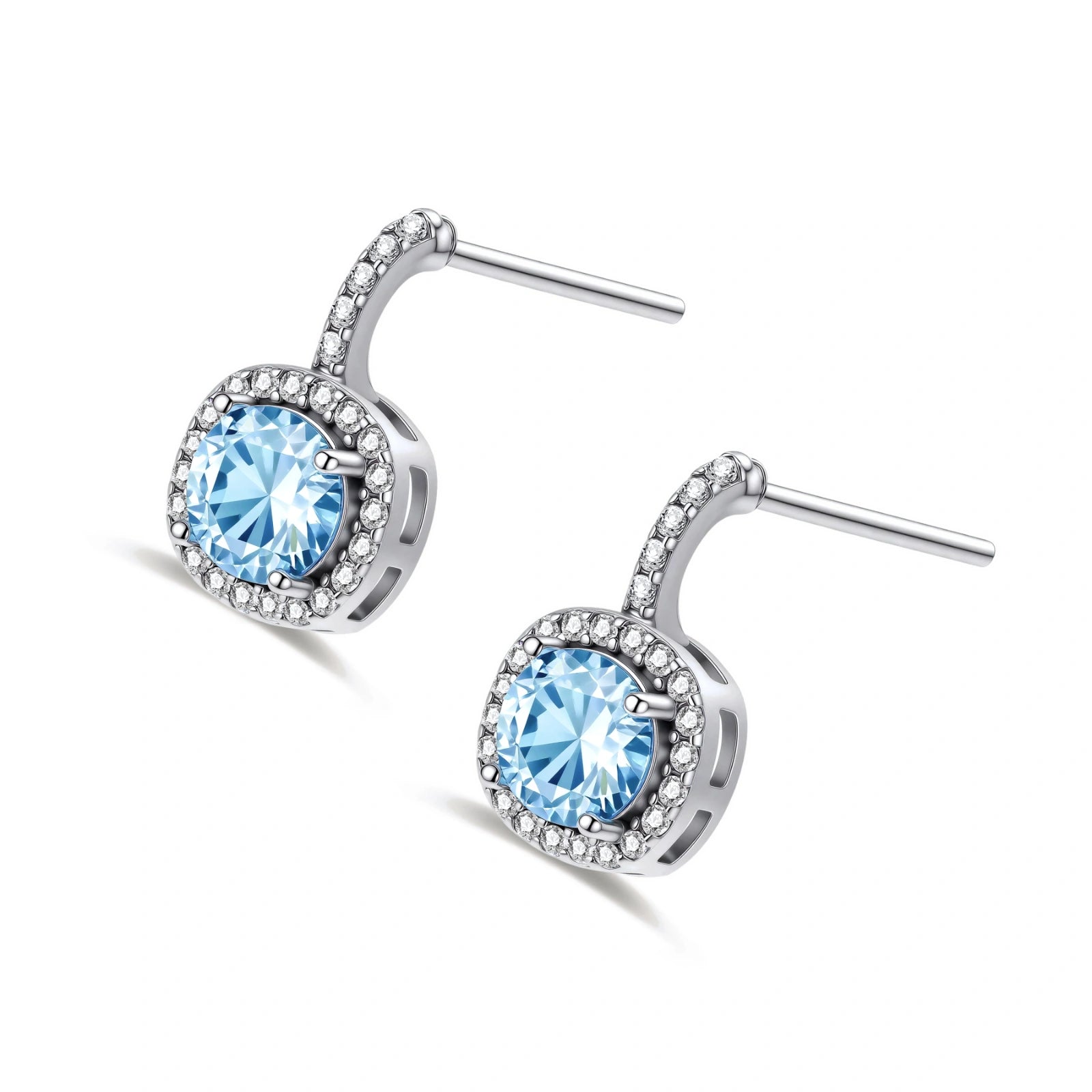 Sterling silver drop earrings featuring cushion-cut blue moissanite stones surrounded by sparkling halo settings