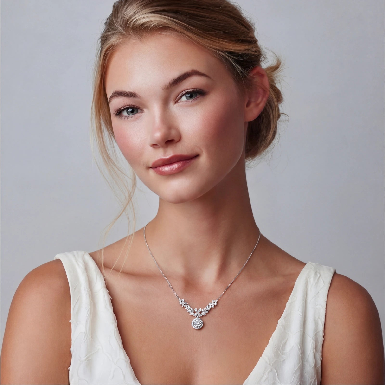 Elegant woman wearing the Wings Statement Necklace, a sterling silver luxury gold jewellery piece featuring a detailed, wing-inspired design with a circular pendant centerpiece.