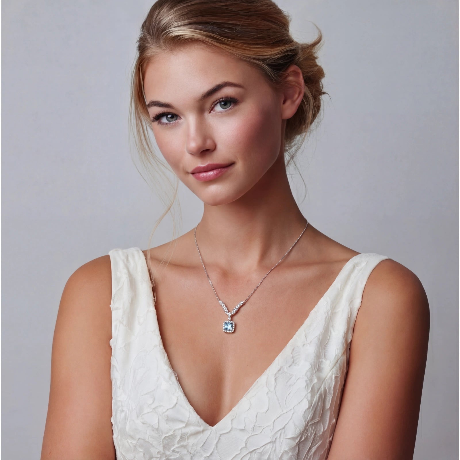 Woman wearing an Arc Moissanite Necklace featuring a 14K gold plated and sterling silver pendant with ethically sourced materials, styled with a white textured dress.