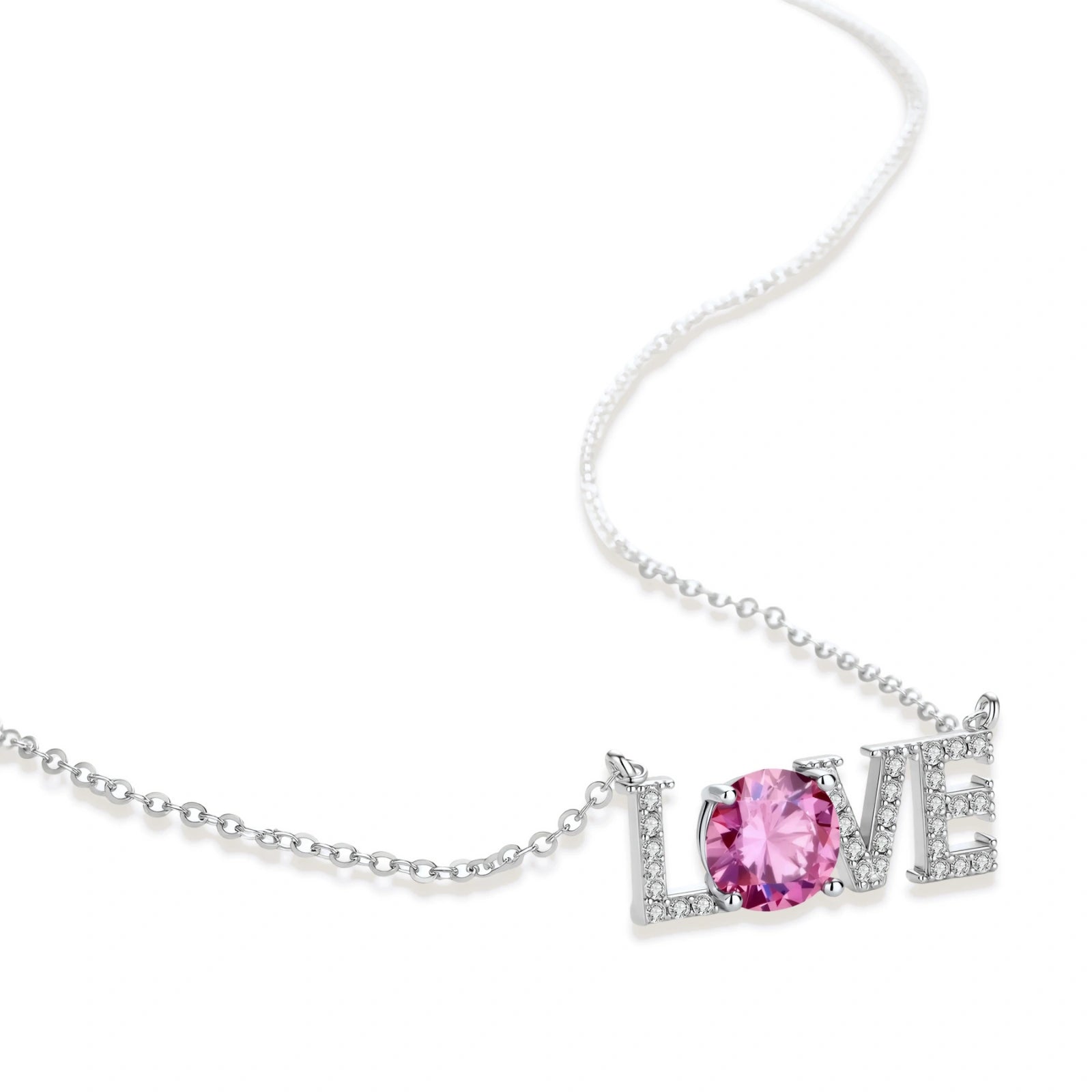 Sterling silver LOVE necklace with pink moissanite stone replacing the O, featuring crystal-set letters on delicate chain.