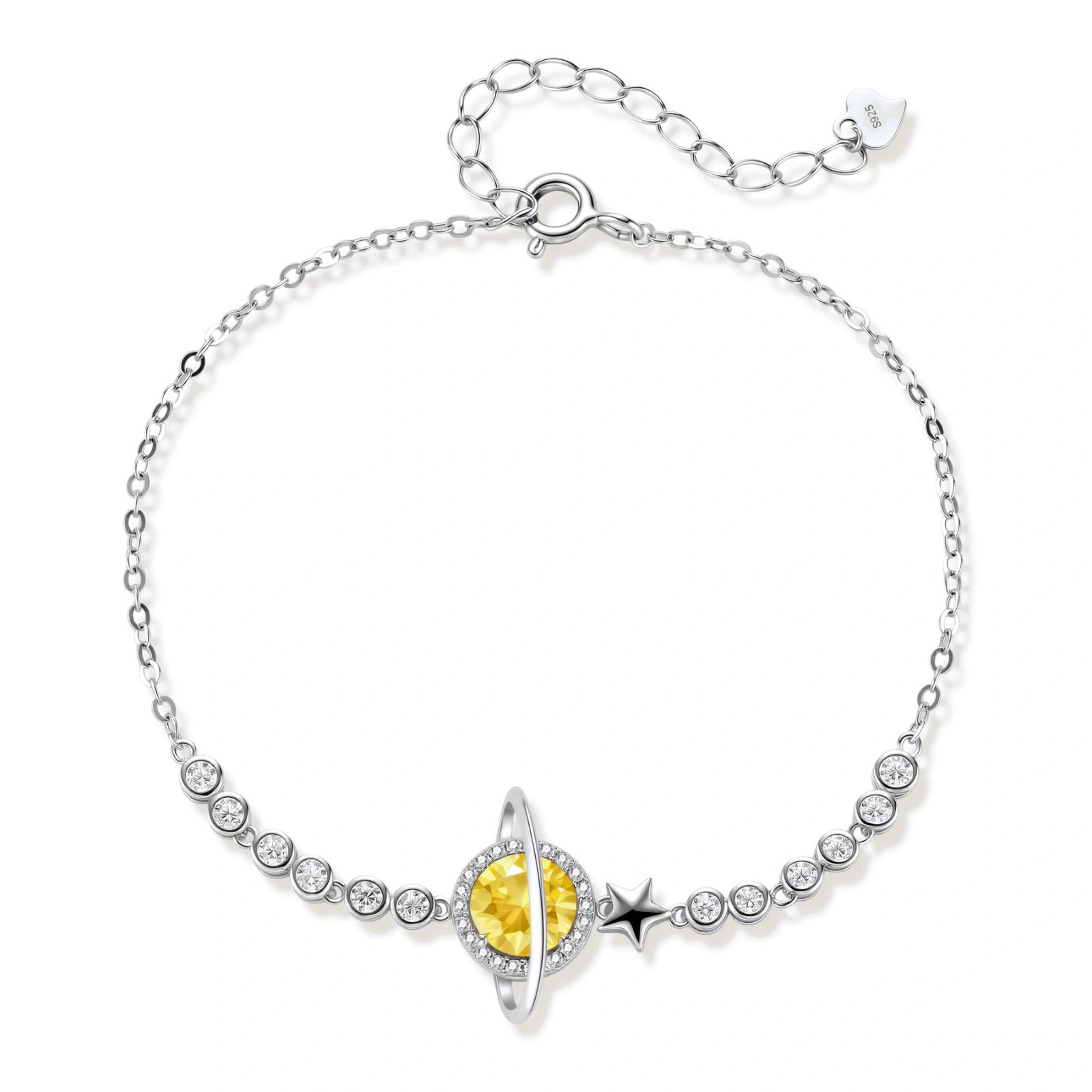 Sterling silver bracelet with yellow moissanite centerpiece in oval setting, crystal chain, and star charm on white background.