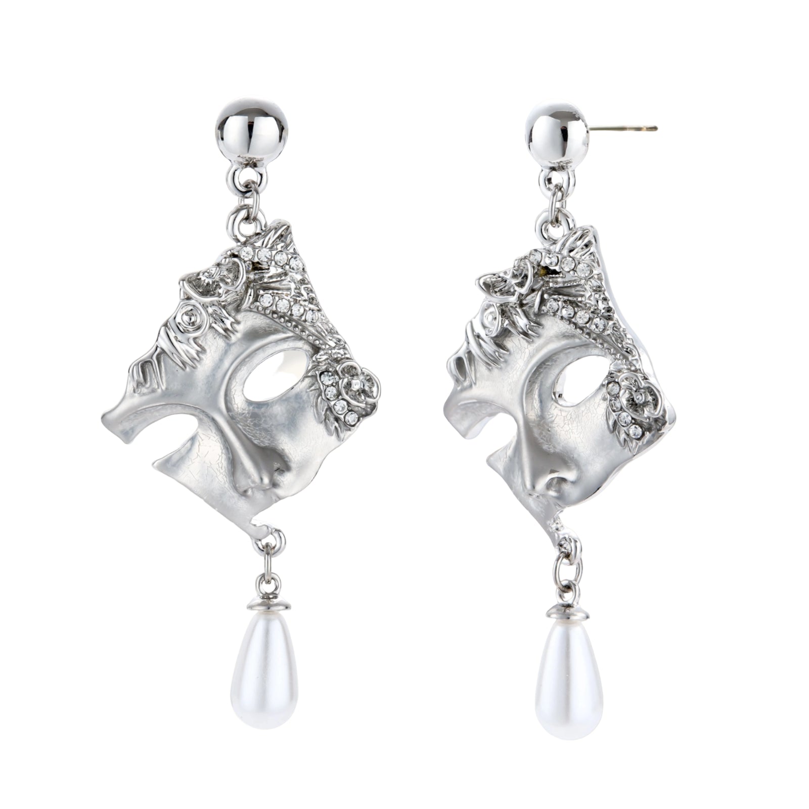 Ornate silver-toned theatrical mask earrings with crystal details and pearl drops on white background.