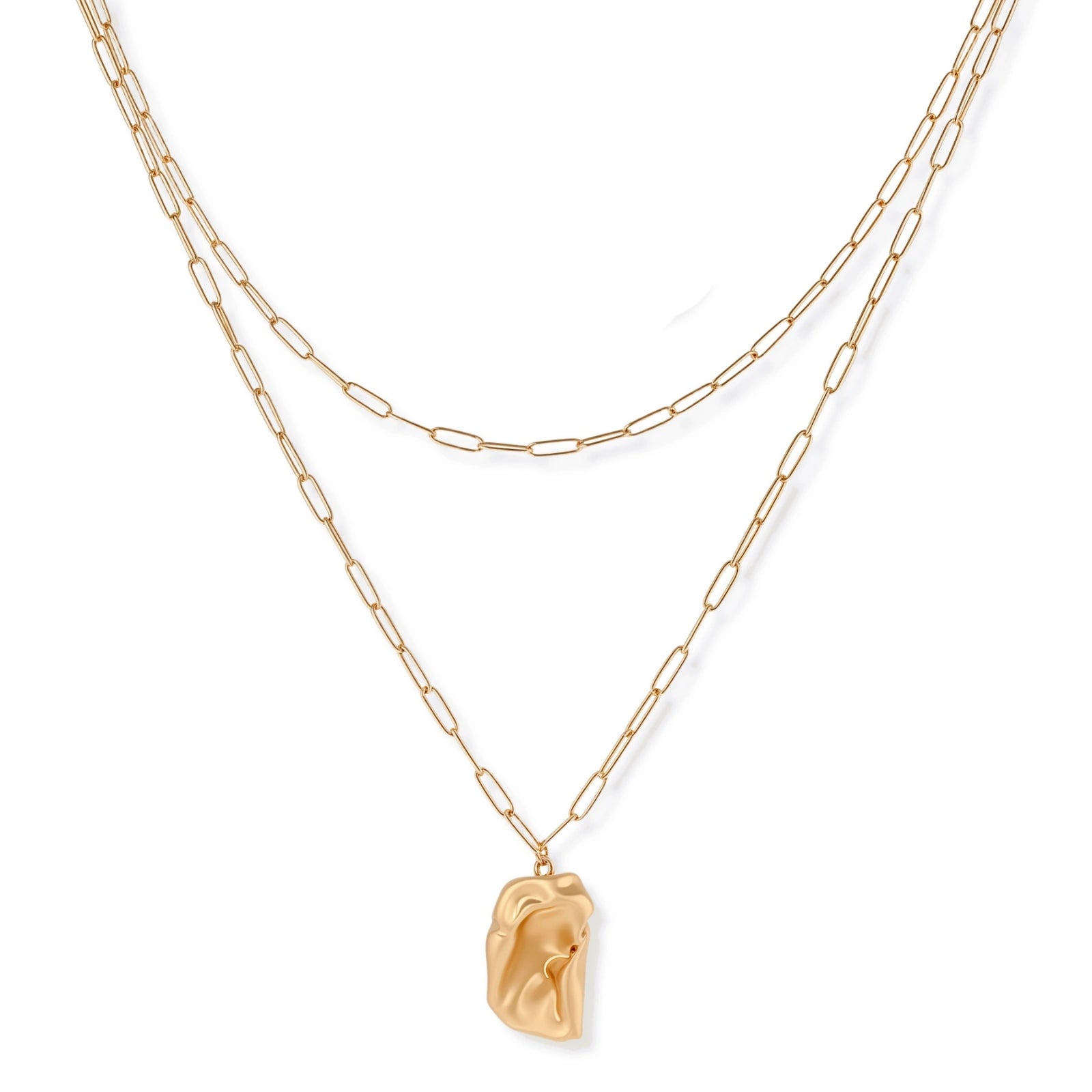 Layered paperclip chain necklace with organic flowing pendant made from eco-zinc alloy in warm gold finish