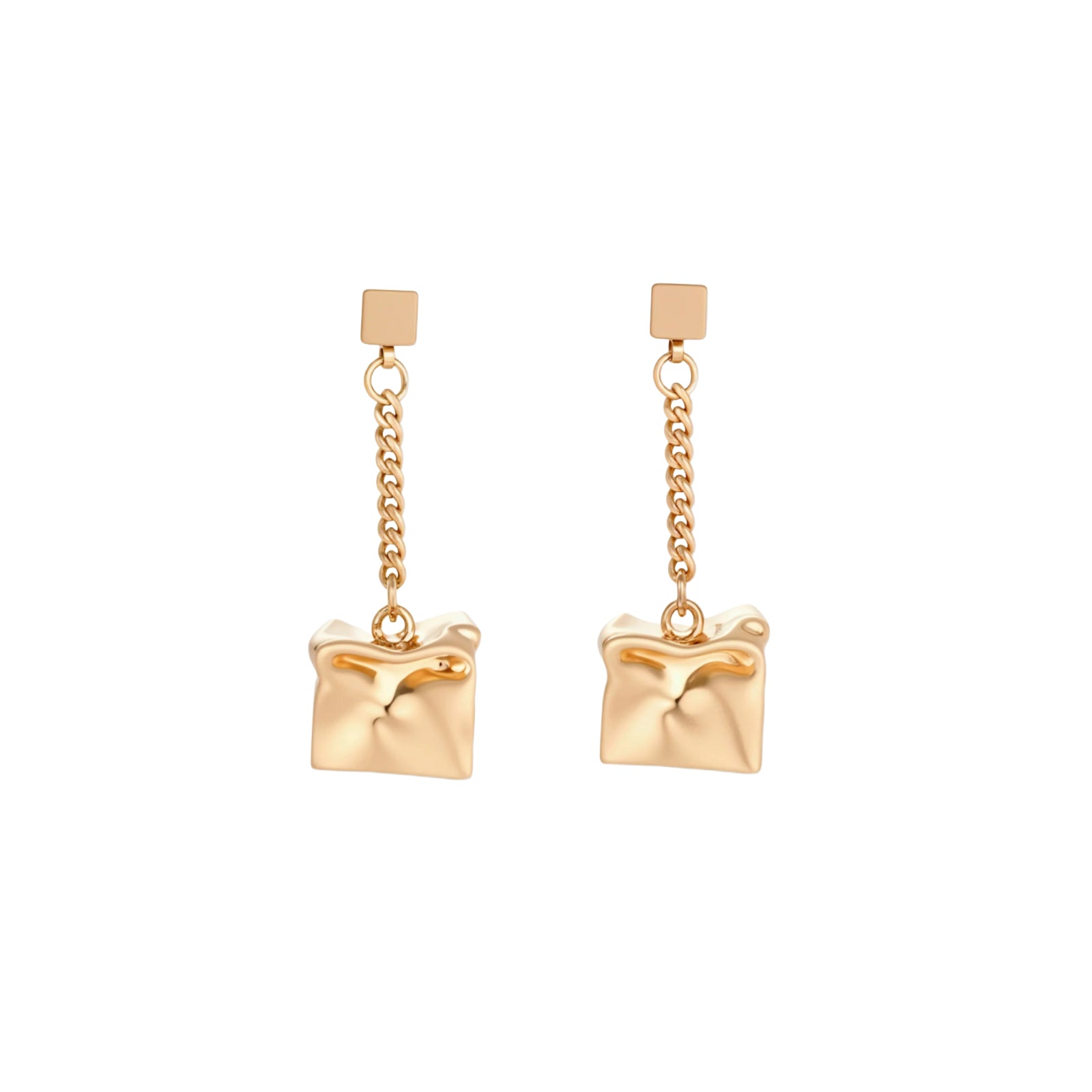 Modern geometric drop earrings with square stud posts, delicate chains, and textured square pendants in eco-zinc alloy