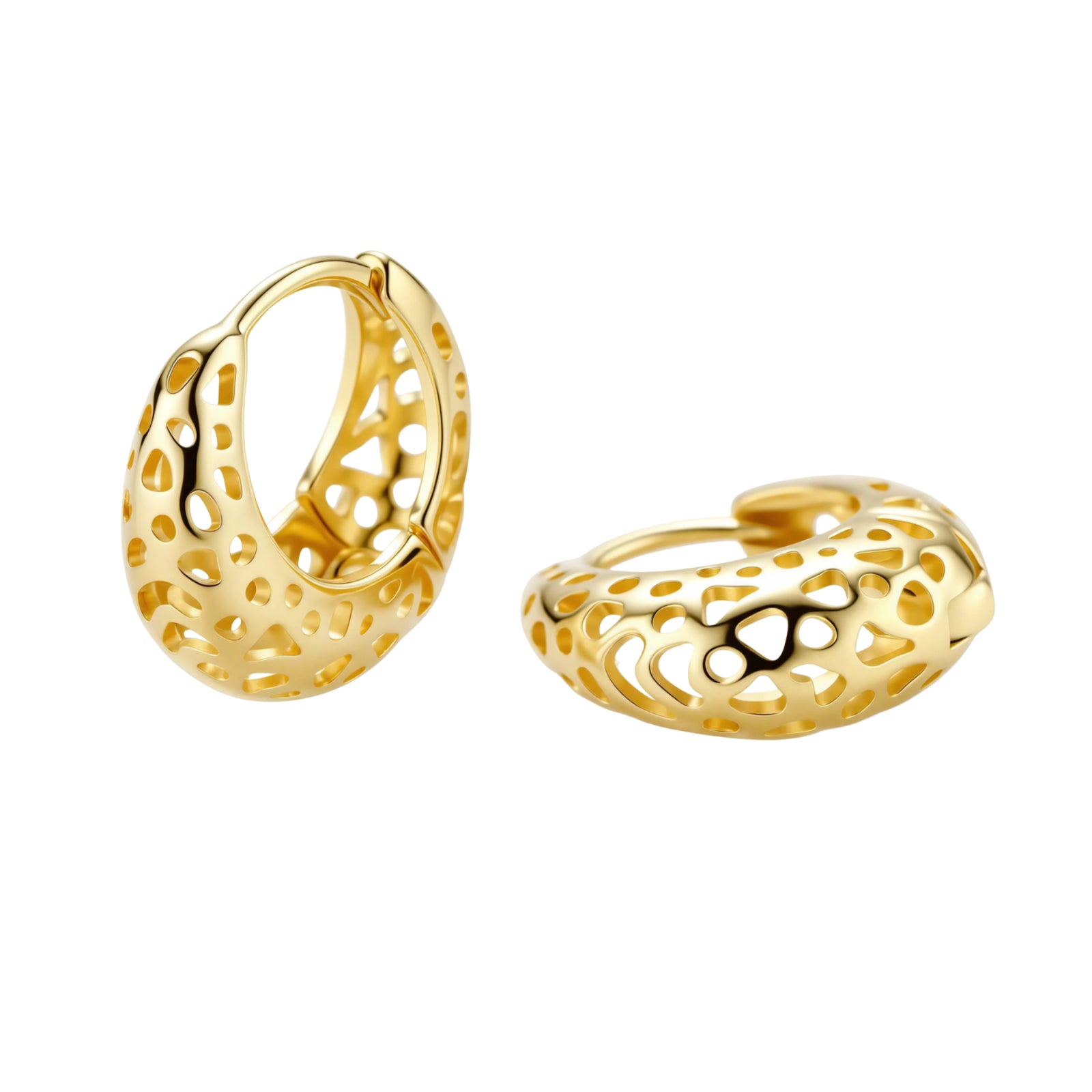 Close-up of small gold-plated hoop earrings with intricate honeycomb cutout pattern on cream background.