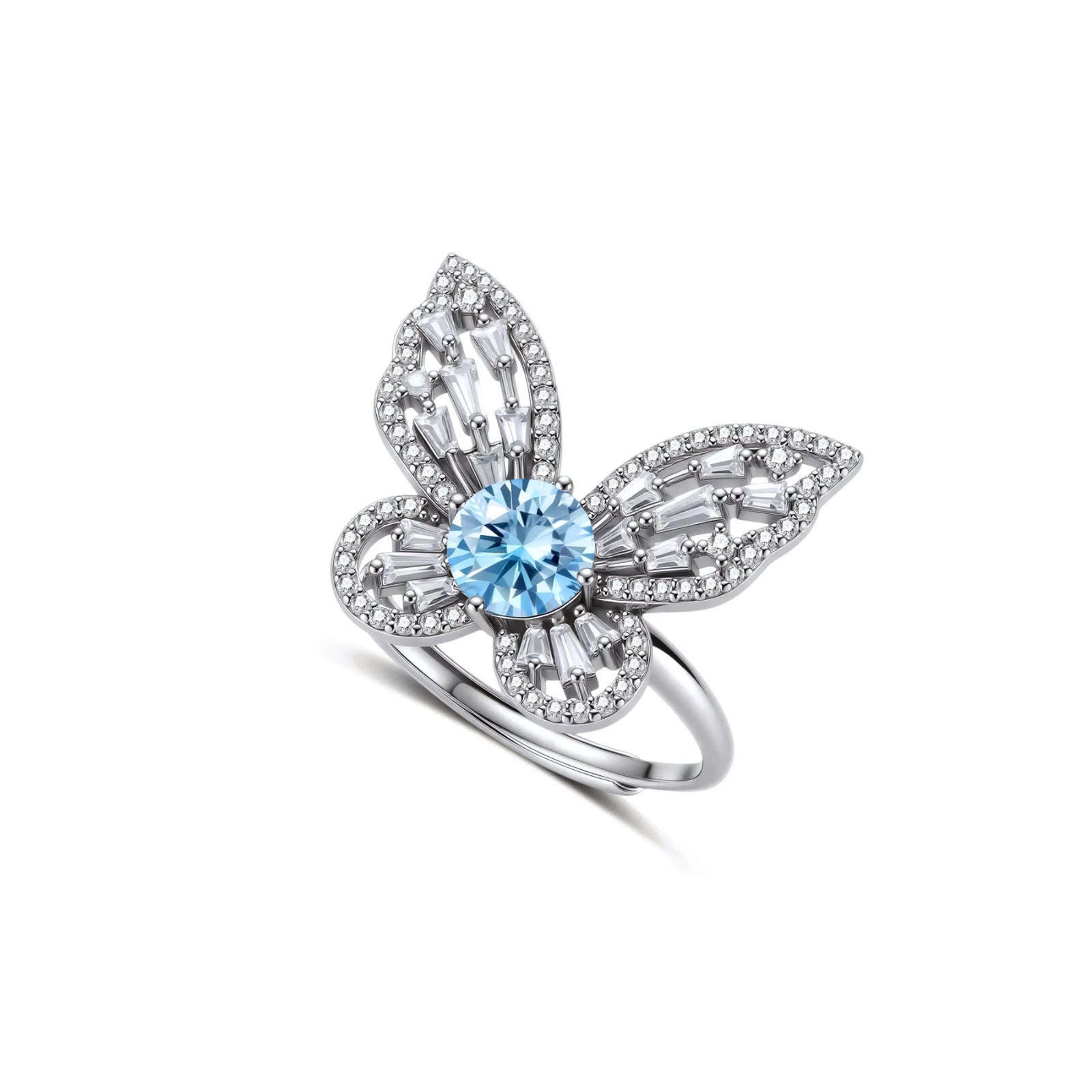 Sterling silver ring with blue moissanite center stone surrounded by clear stones in butterfly wing pattern on white background