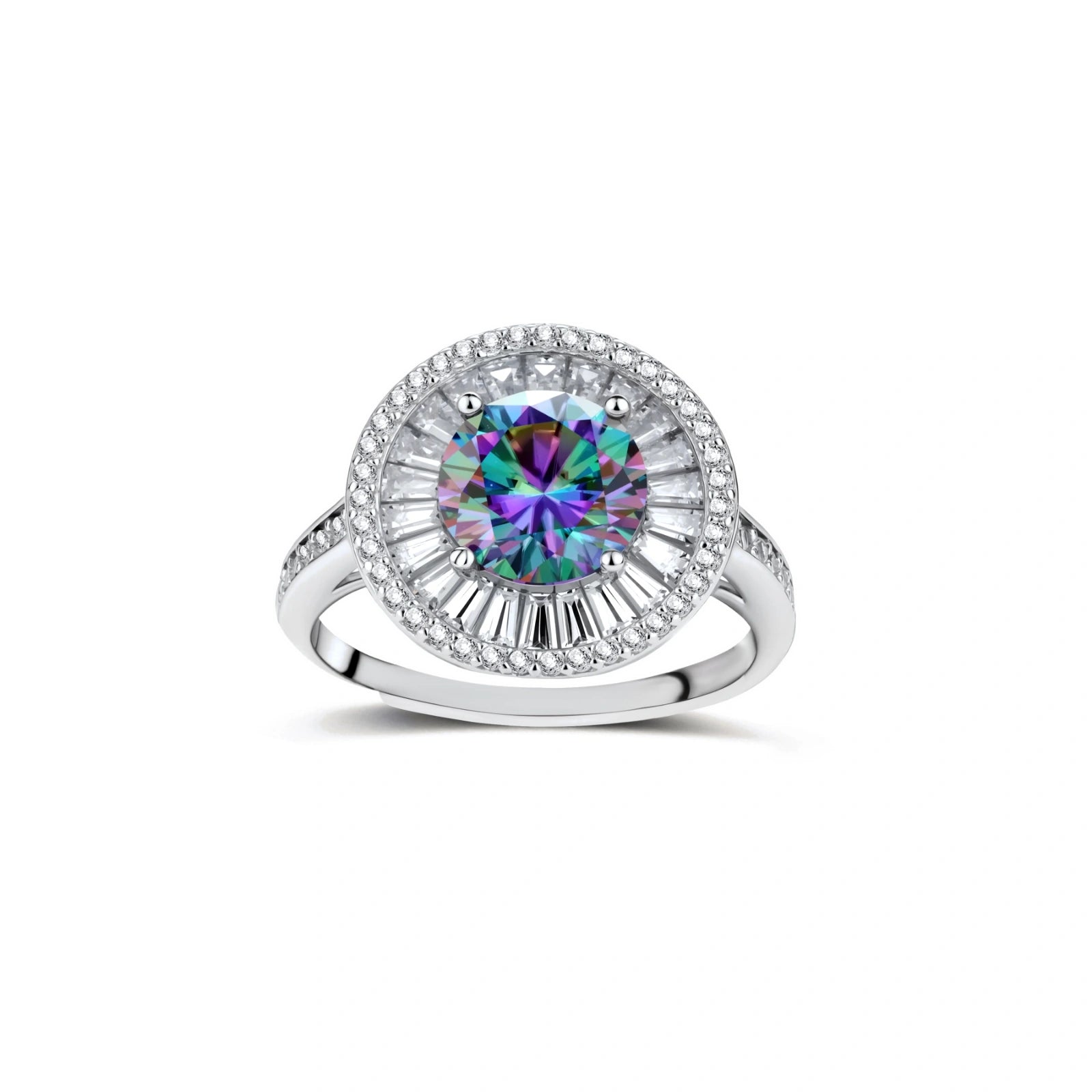 Close-up of sterling silver halo ring with round rainbow moissanite center stone surrounded by baguette-cut stones