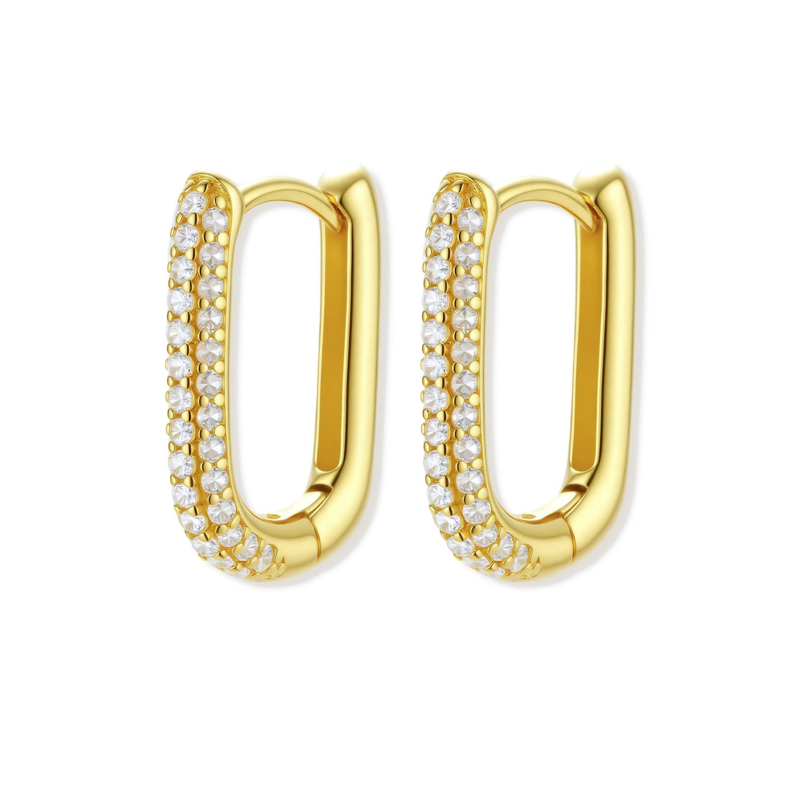 Close-up of small sterling silver huggie hoops completely covered in sparkling clear crystals with hinged closure