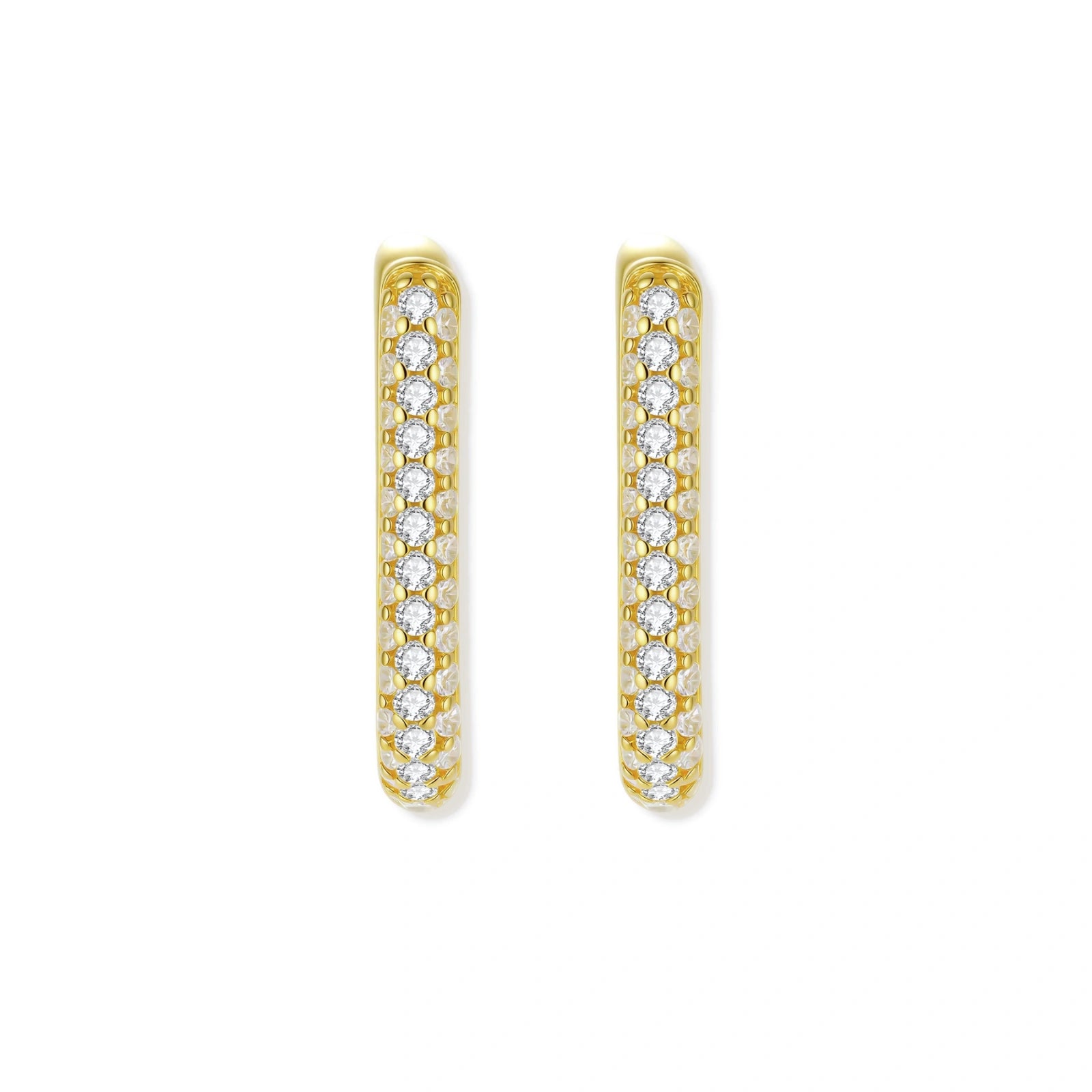 Close-up of small sterling silver huggie hoops completely covered in sparkling clear crystals with hinged closure