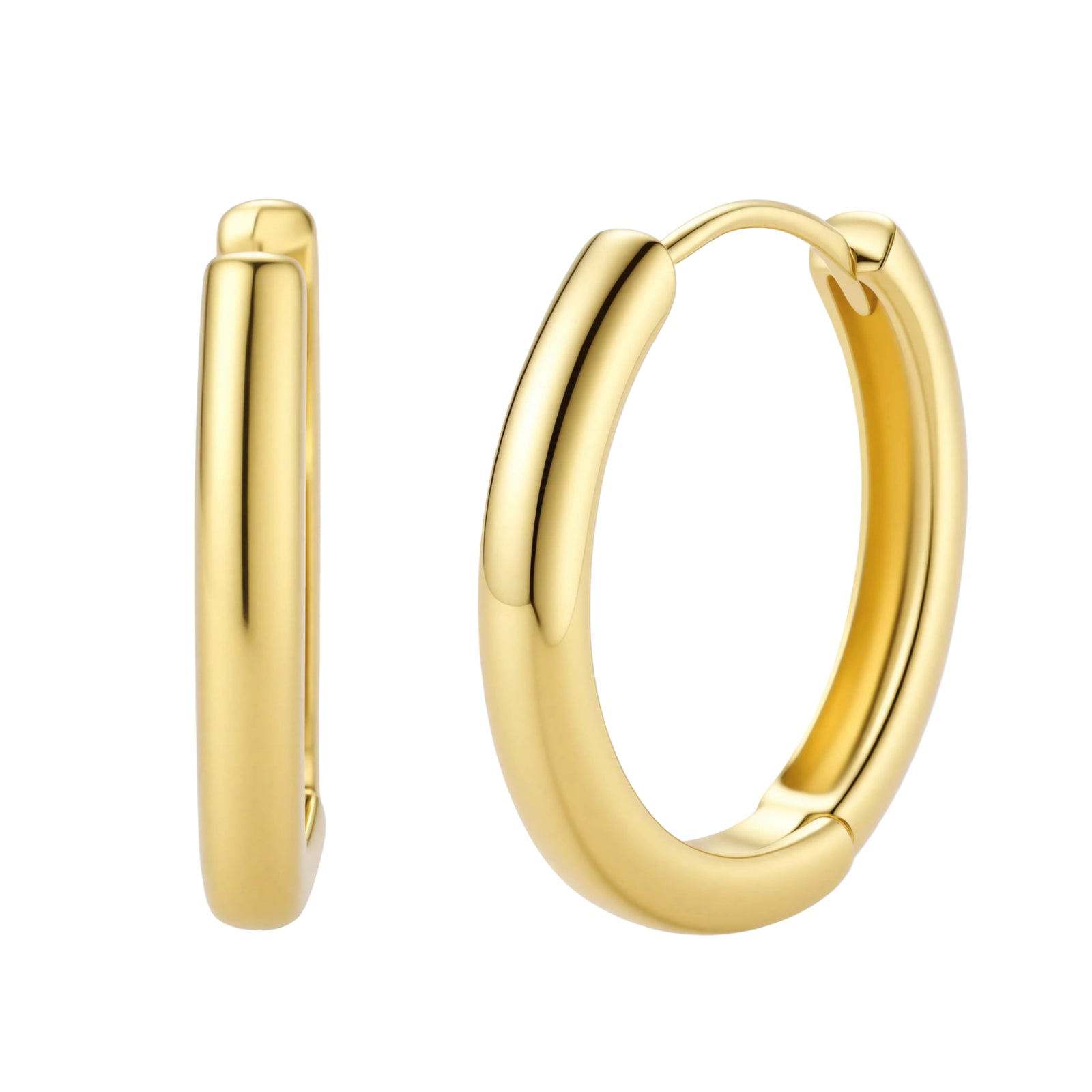 Polished gold-plated sterling silver hoop earrings with hinged closure mechanism on white background.