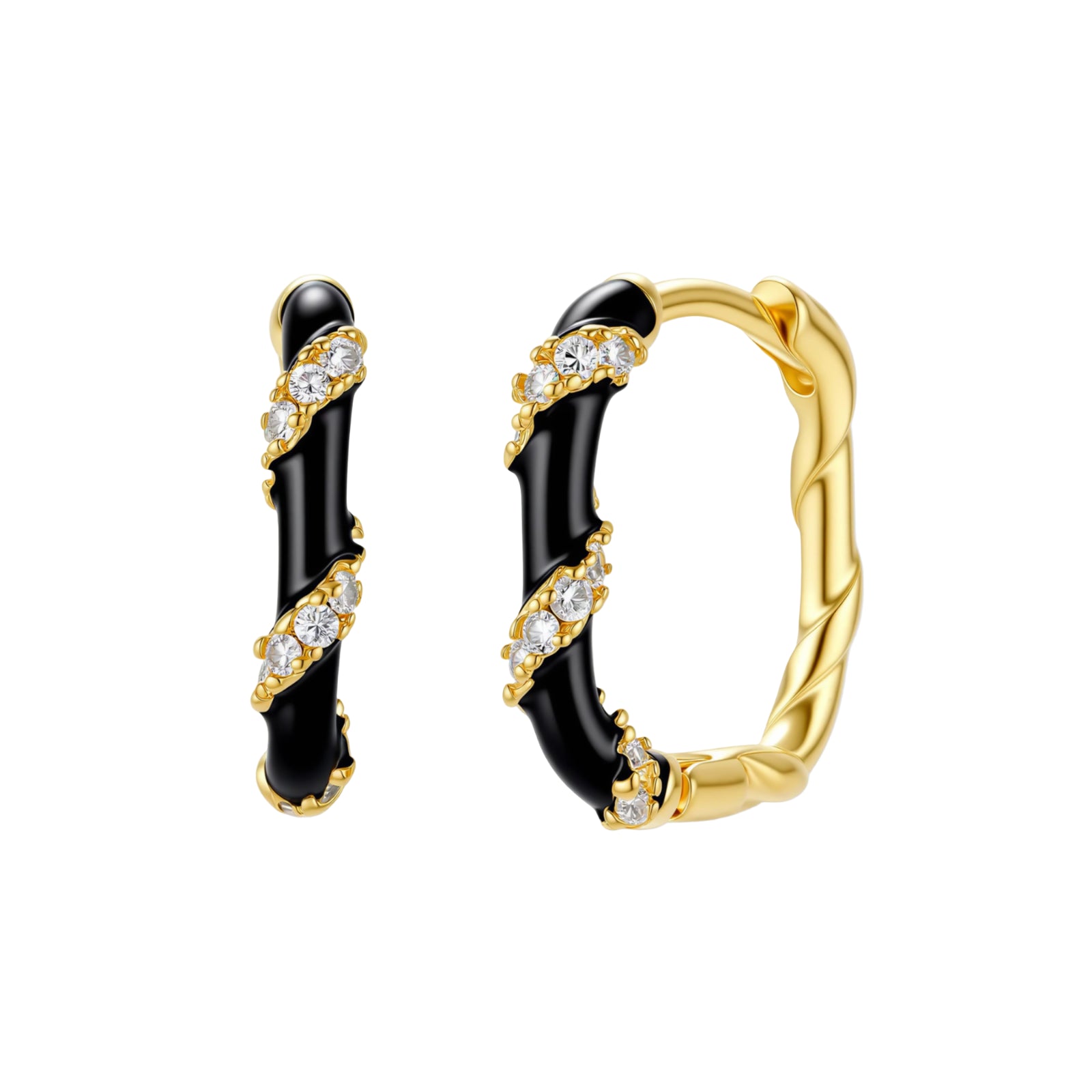 Small gold-plated hoop earrings with black enamel stripes and cubic zirconia crystals on white background.
