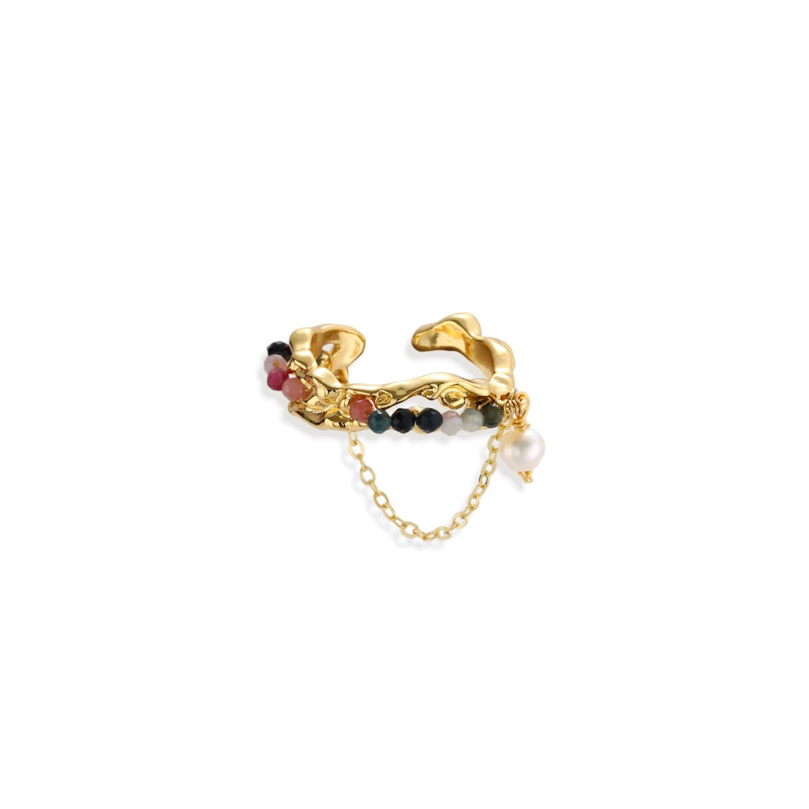 Gold sculptural cuff ring with multicolored tourmaline beads and baroque pearl drop on delicate chain