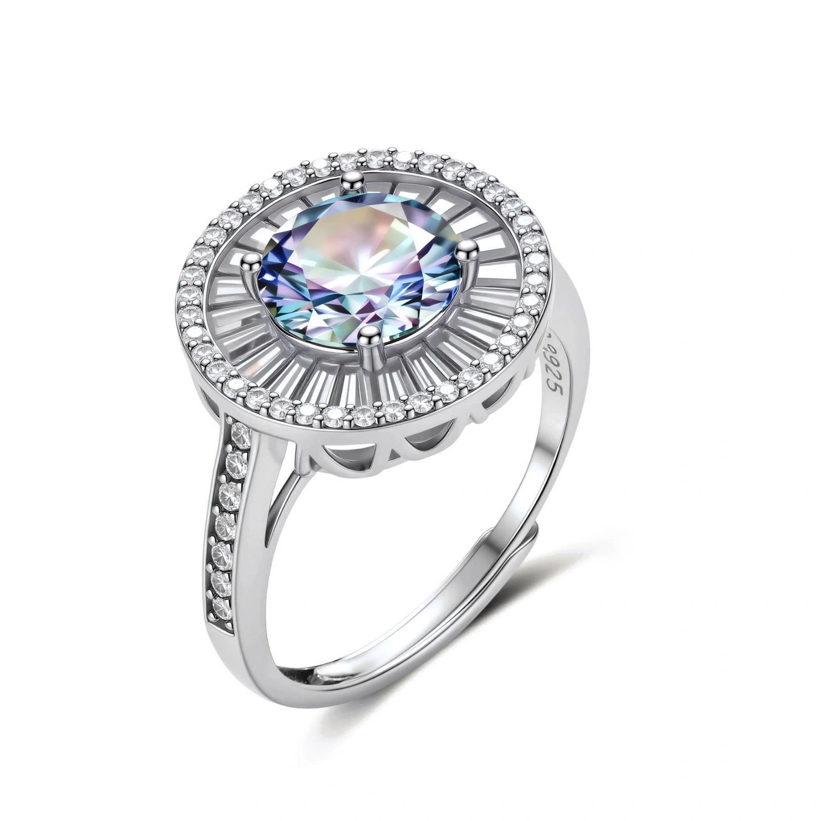 Close-up of sterling silver halo ring with round rainbow moissanite center stone surrounded by baguette-cut stones
