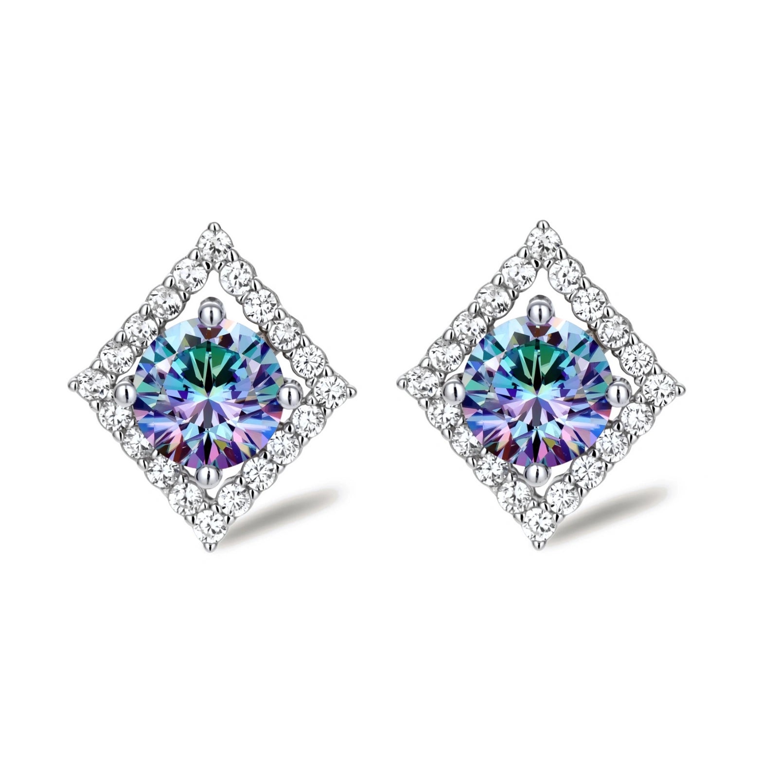 Diamond-shaped sterling silver stud earrings with rainbow moissanite centers surrounded by crystal halos