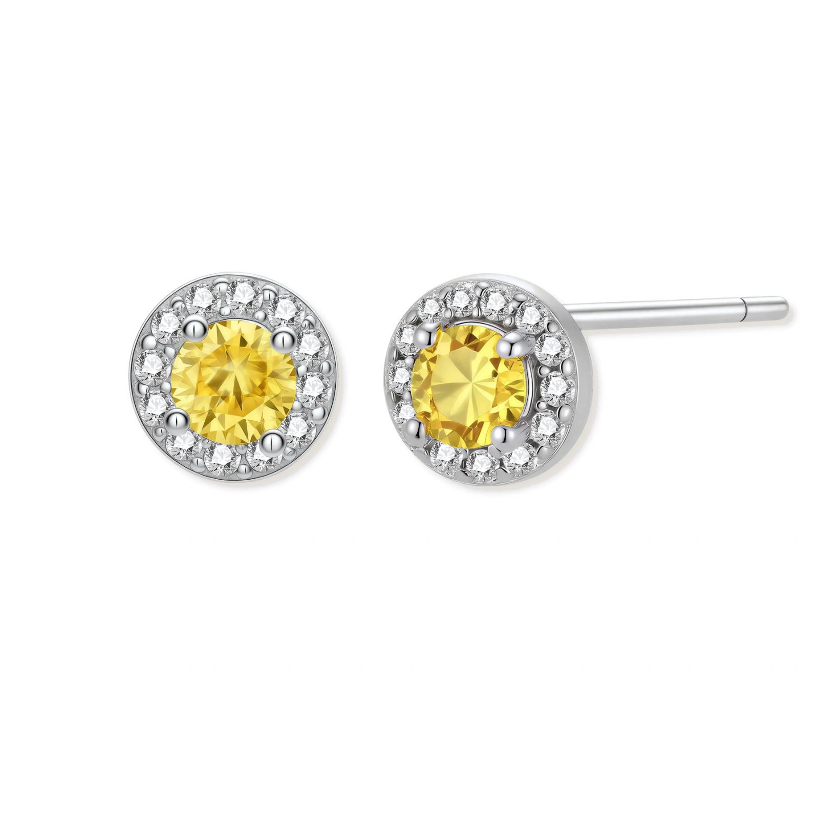 Dainty sterling silver stud earrings with yellow moissanite center stones surrounded by white halo stones