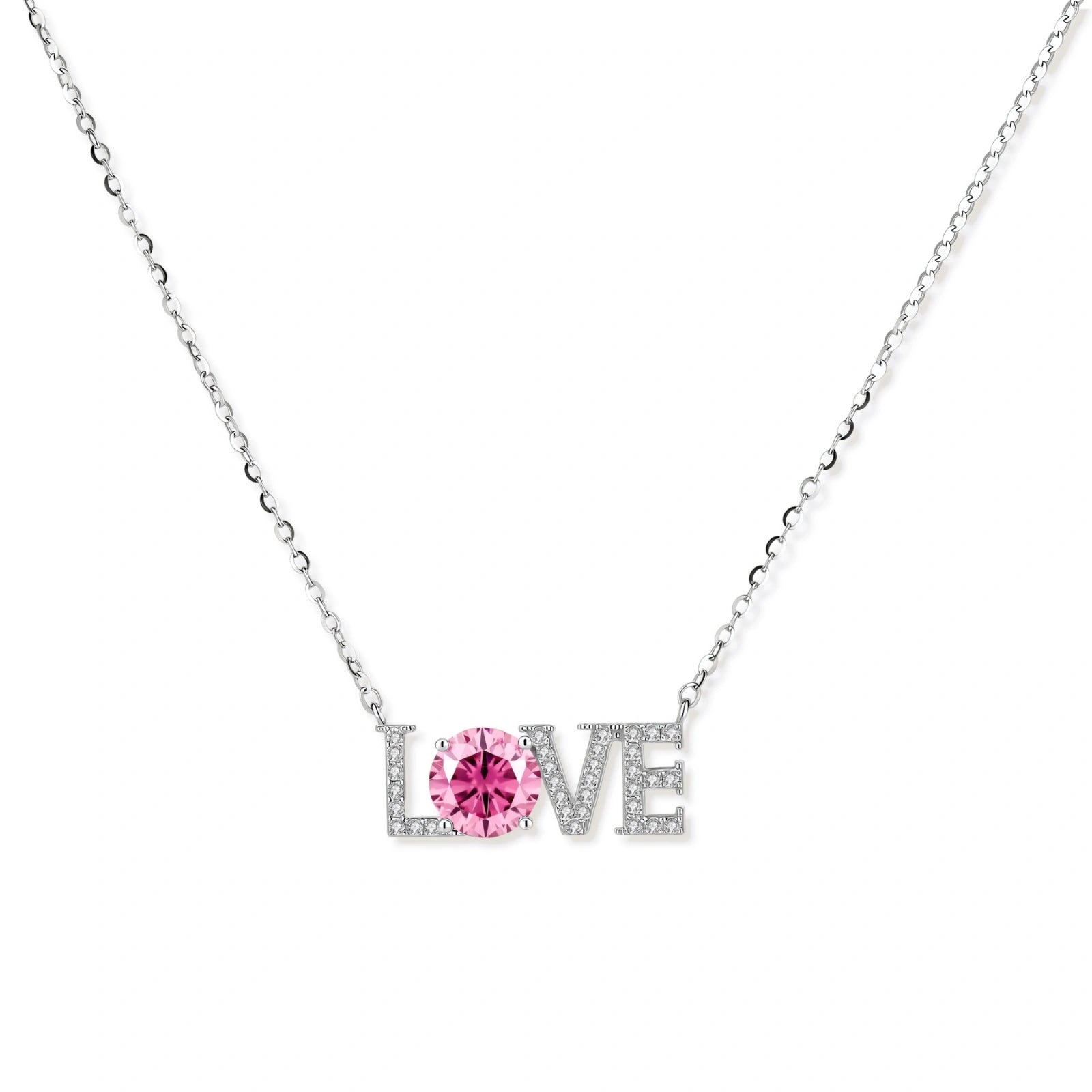 Sterling silver LOVE necklace with pink moissanite stone replacing the O, featuring crystal-set letters on delicate chain.