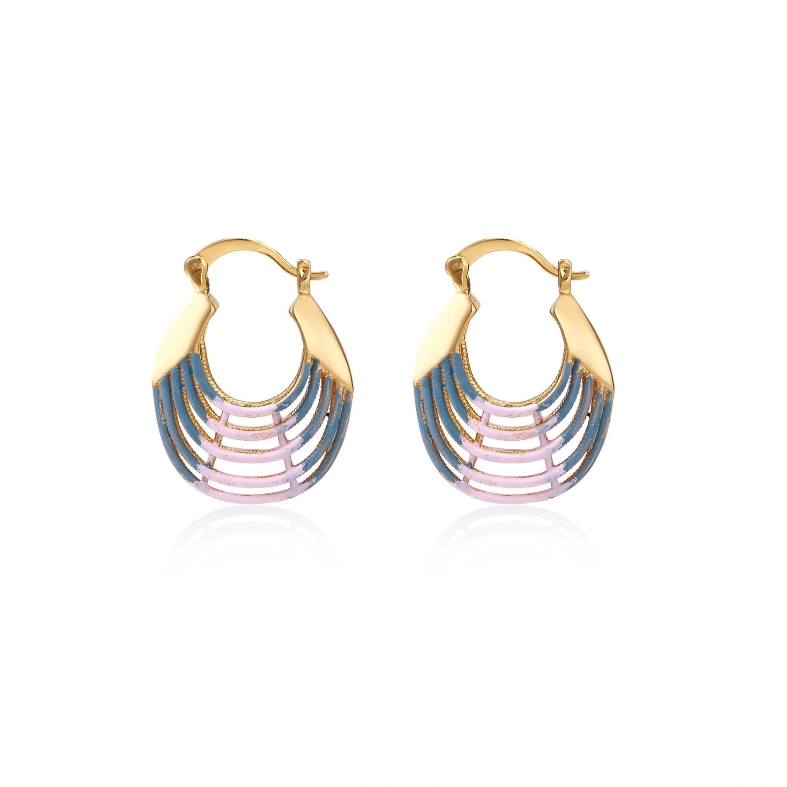 Gold hoop earrings with gradient blue-to-pink enamel in ribbed fan design on beige background