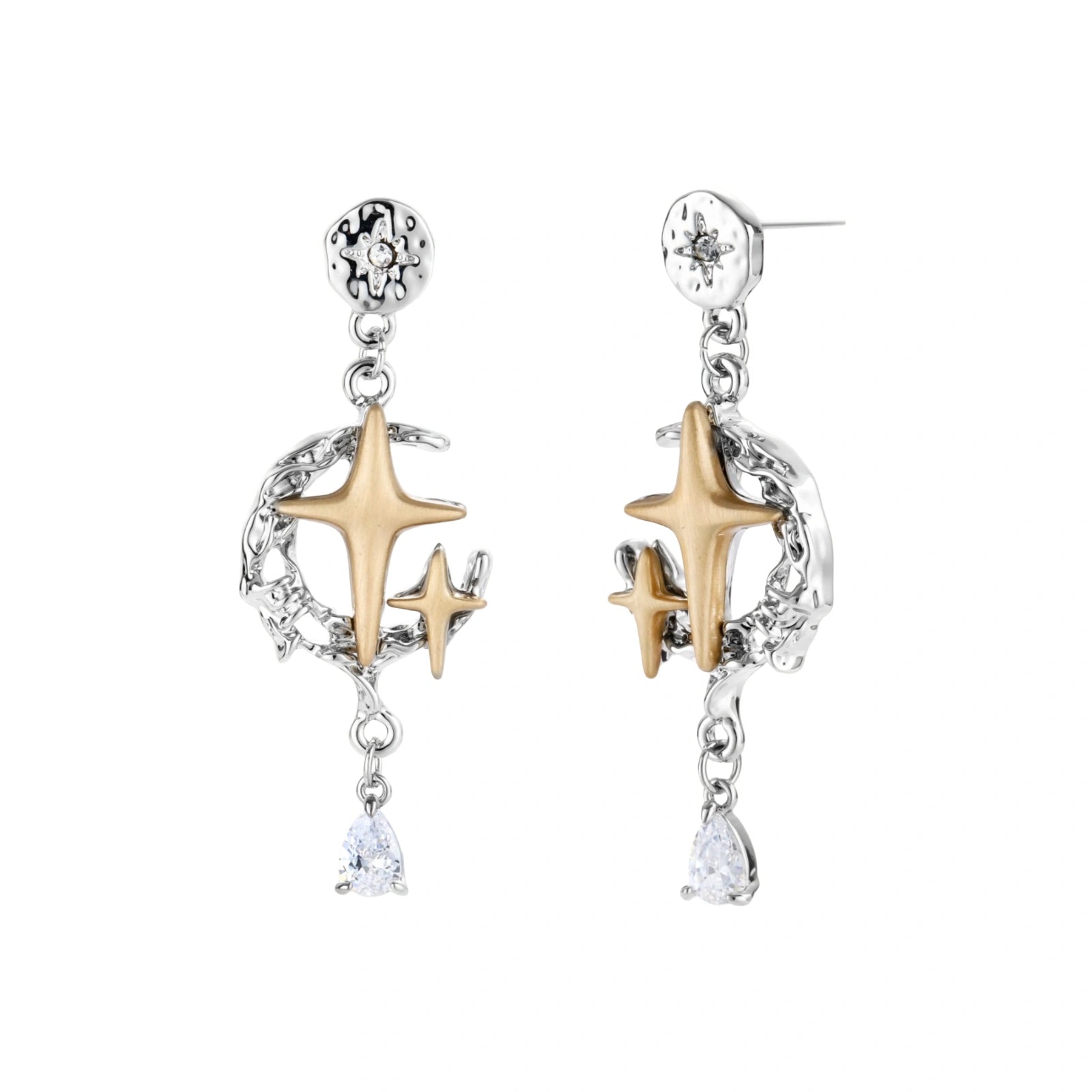 Delicate eco-brass jewelry set featuring gold star and silver moon crescents with clear zirconia crystal drops on cream background