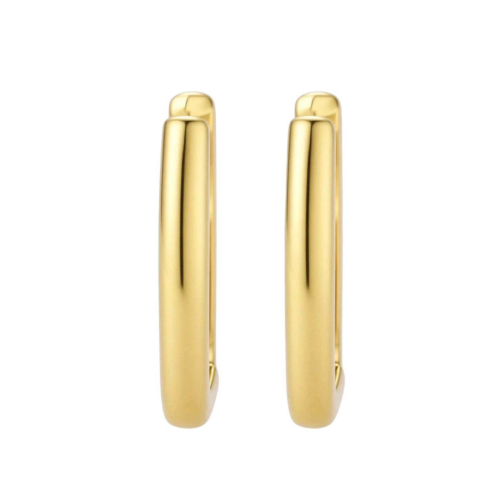 Polished gold-plated sterling silver hoop earrings with hinged closure mechanism on white background.