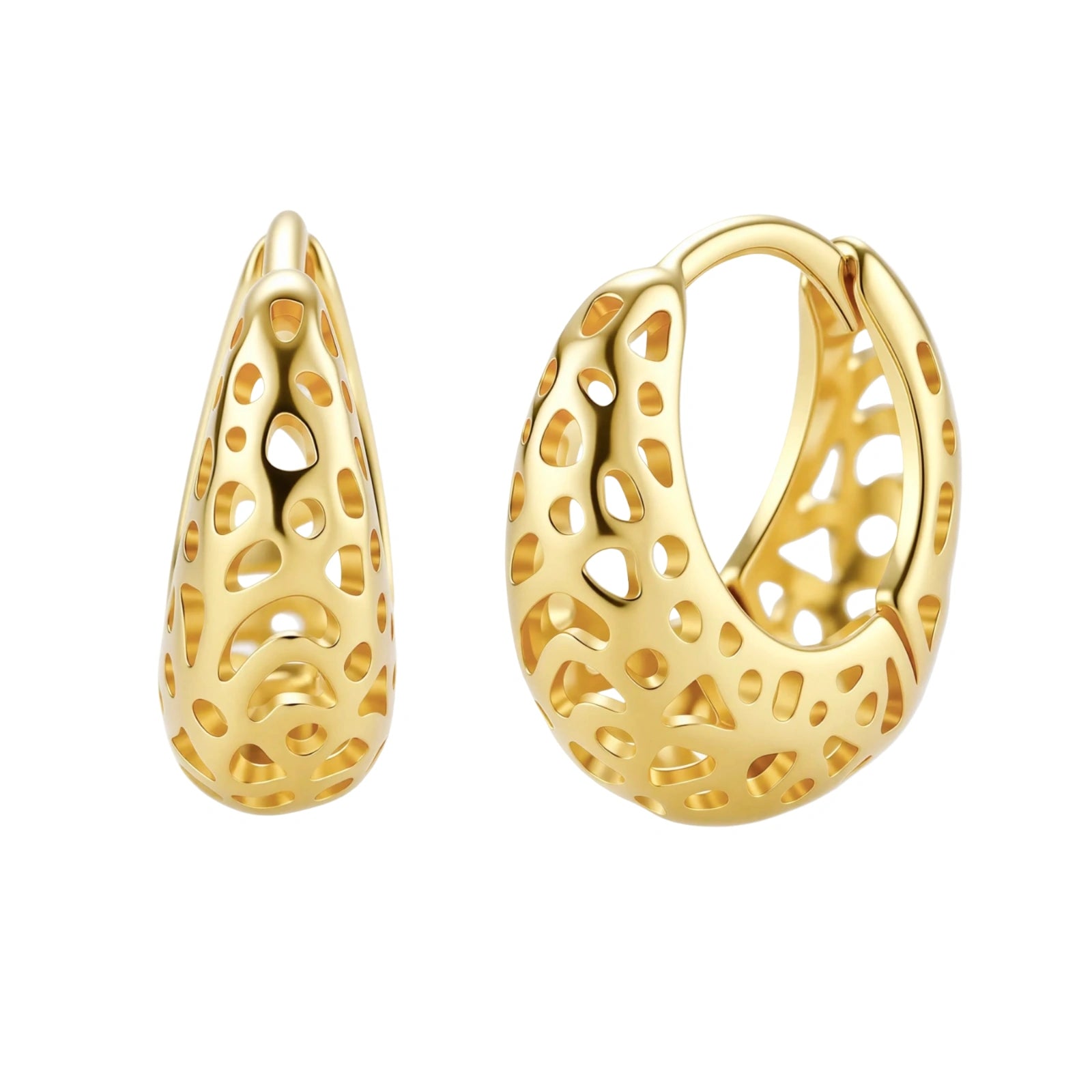 Close-up of small gold-plated hoop earrings with intricate honeycomb cutout pattern on cream background.