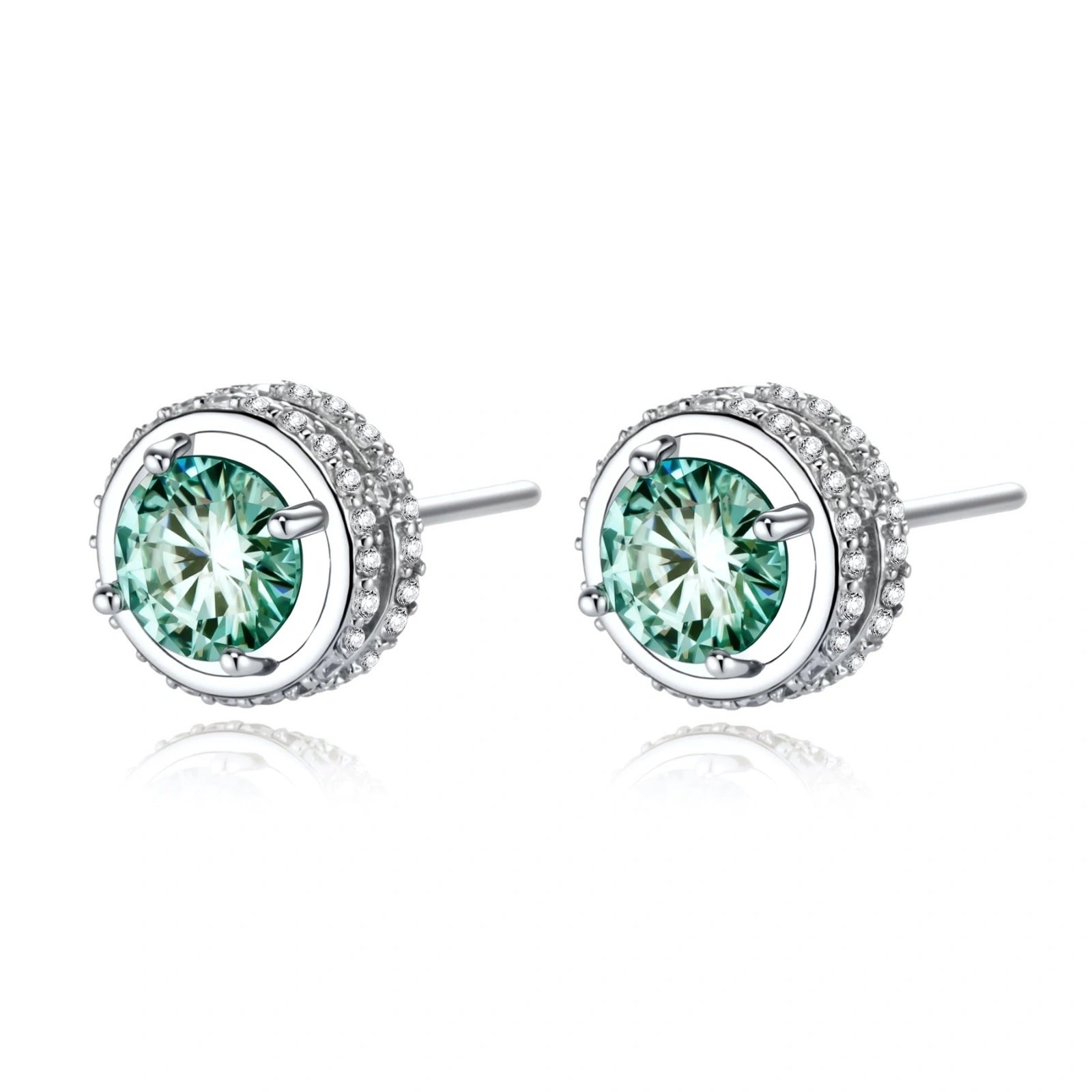 Round green moissanite stud earrings in sterling silver halo settings with brilliant sparkle on white background.