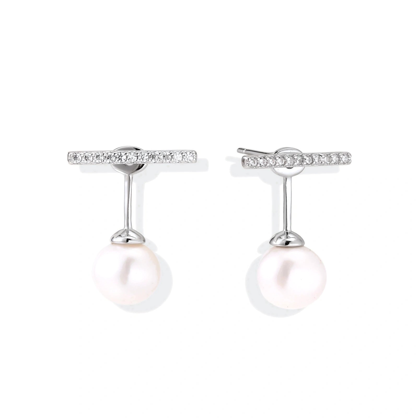 Rhodium-plated sterling silver ear jacket earrings with diamond-set horizontal bar and freshwater pearl drop