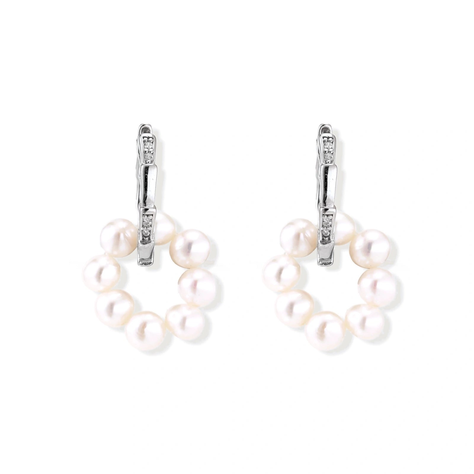 Rhodium-plated silver hoop earrings with freshwater pearls arranged in crescent formation and diamond accents