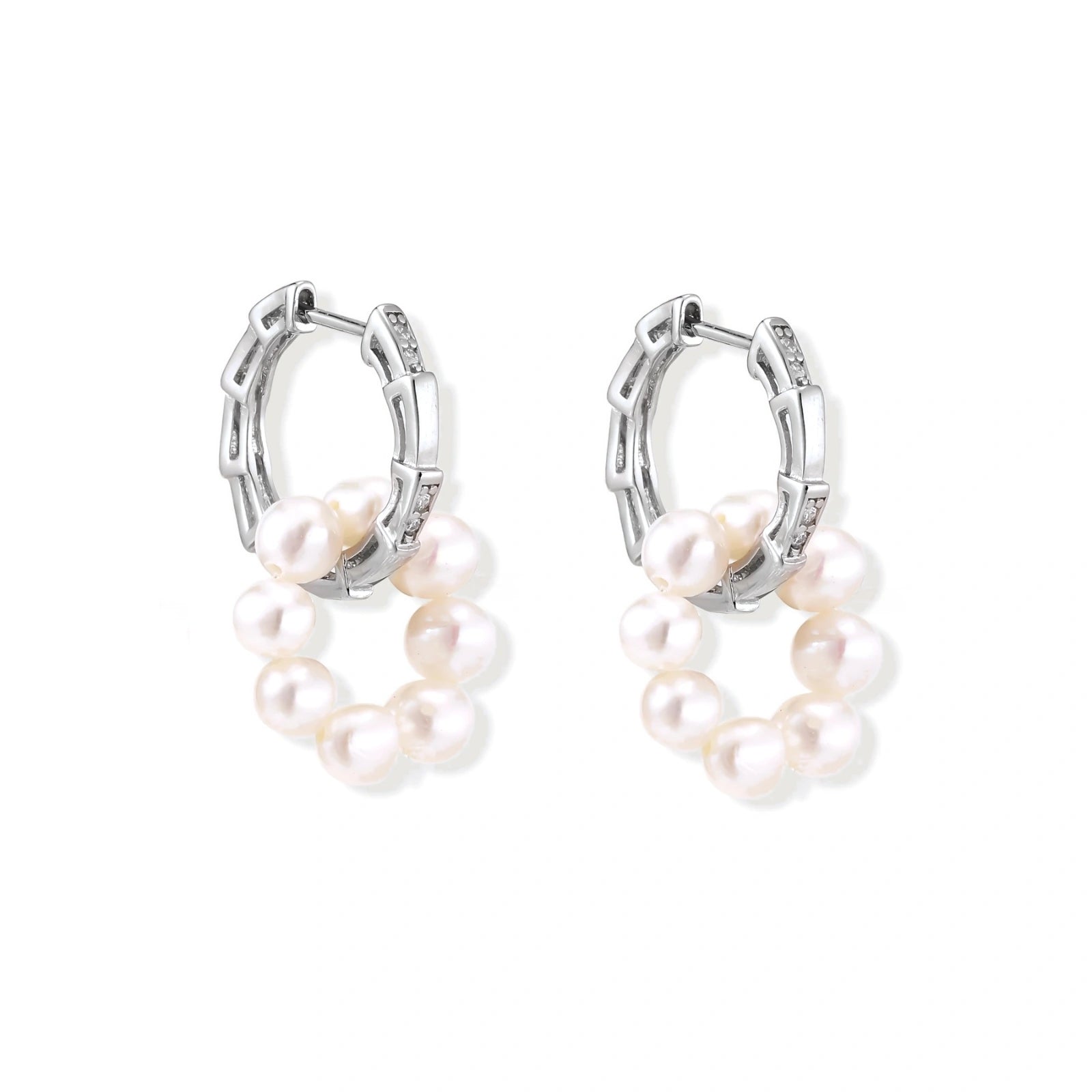 Rhodium-plated silver hoop earrings with freshwater pearls arranged in crescent formation and diamond accents