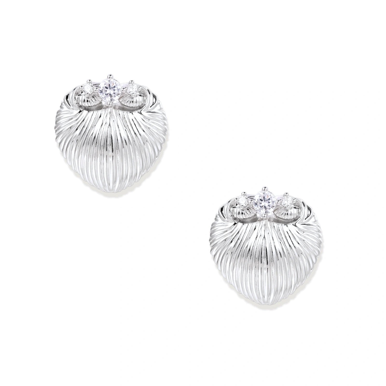 White gold-plated shell-textured stud earrings with three zirconia crystals on ridged surface against cream background.