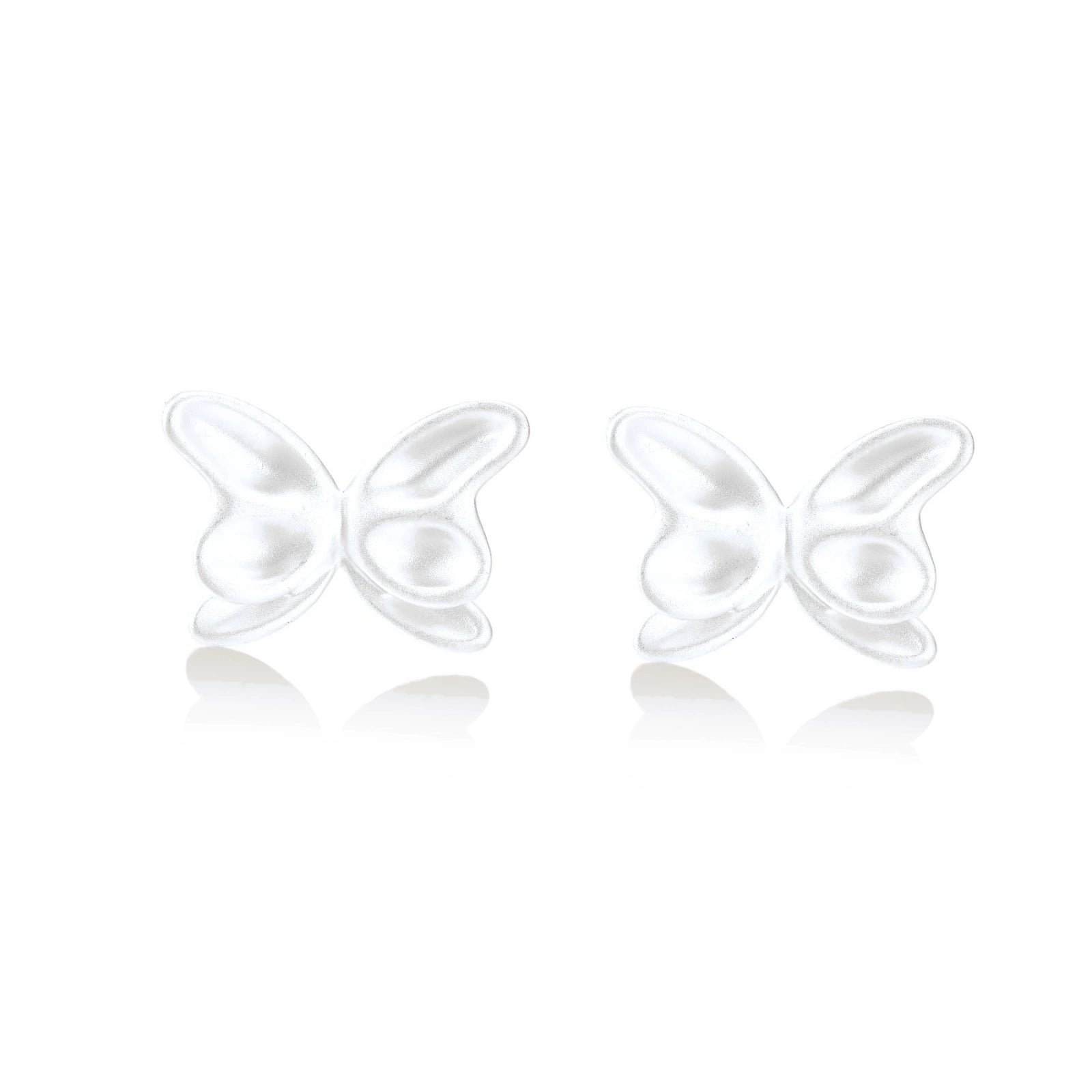Pair of translucent butterfly-shaped stud earrings with frosted finish and dimensional wing details on white background