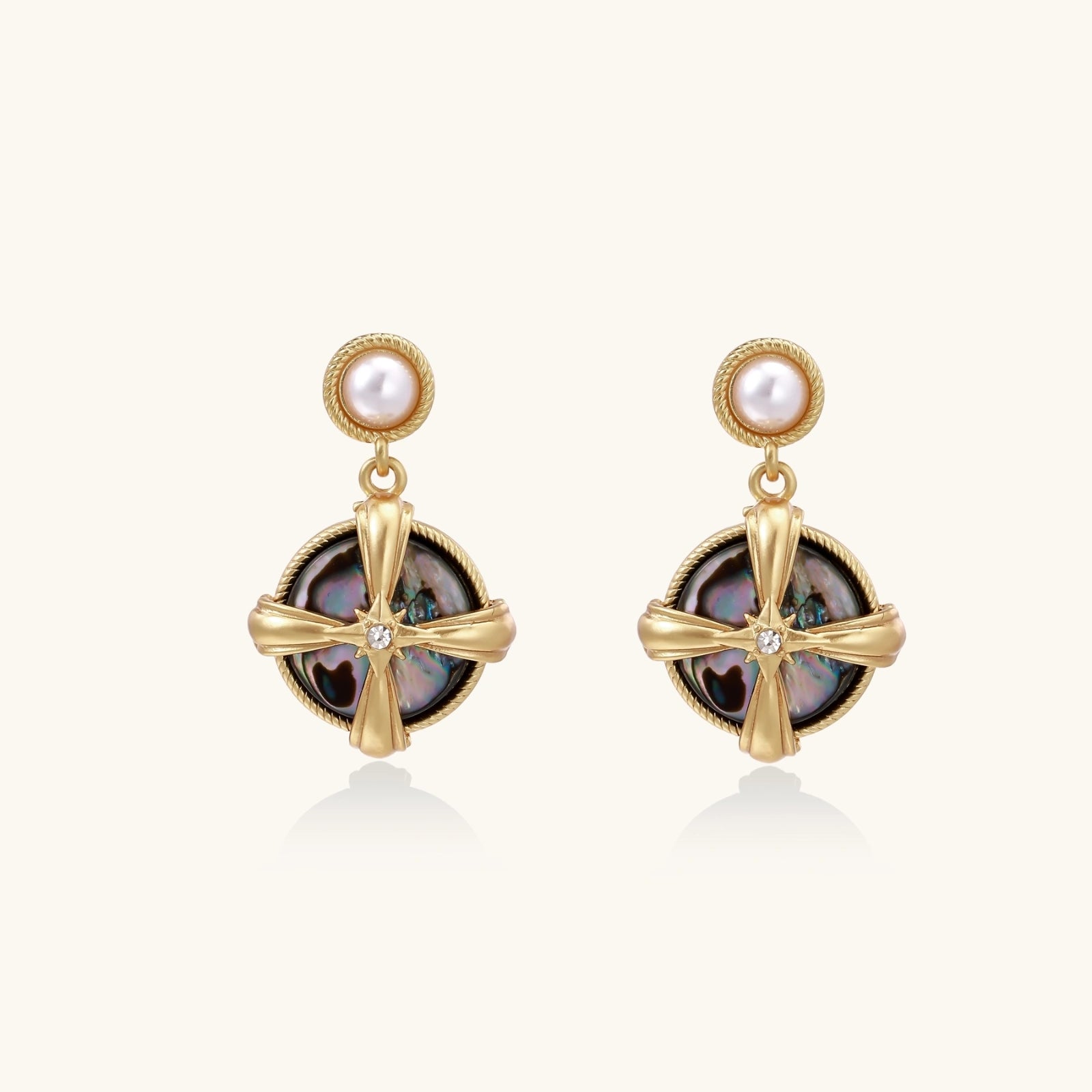 Gold-plated drop earrings with iridescent abalone shell and pearl studs in geometric  design