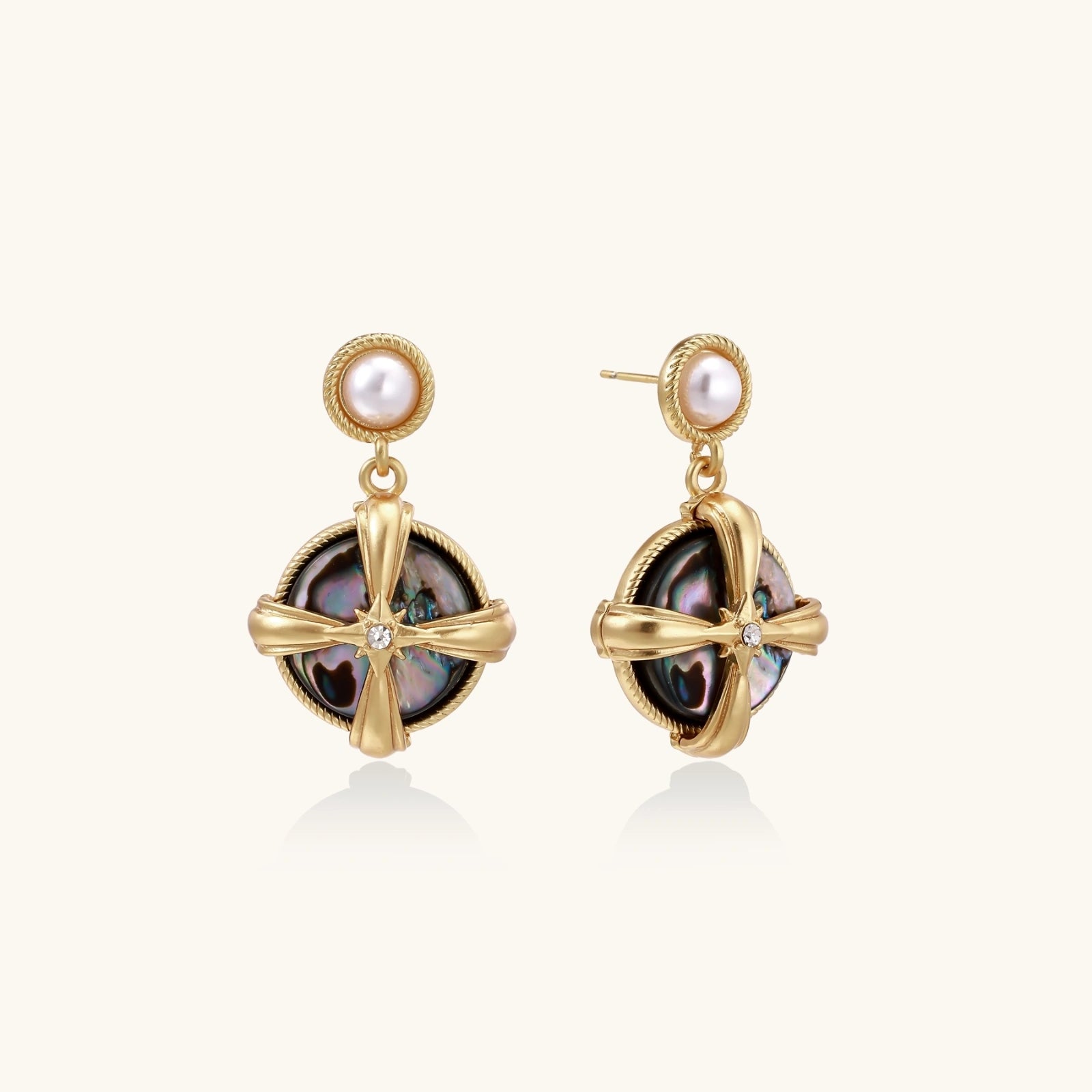 Gold-plated drop earrings with iridescent abalone shell and pearl studs in geometric  design