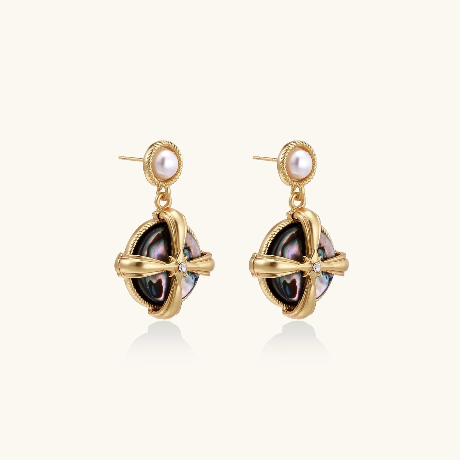 Gold-plated drop earrings with iridescent abalone shell and pearl studs in geometric  design