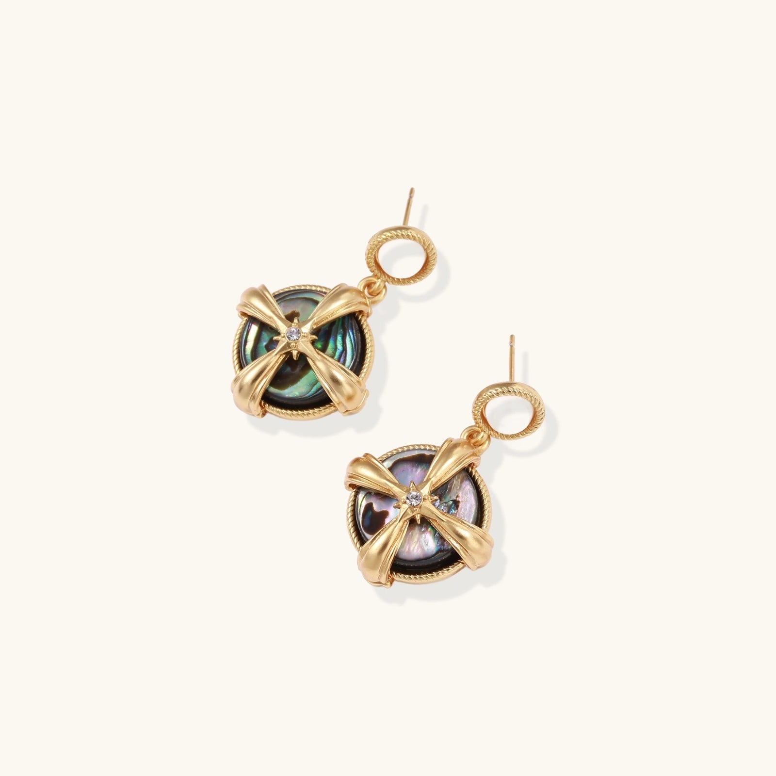 Gold-plated drop earrings with iridescent abalone shell and pearl studs in geometric  design