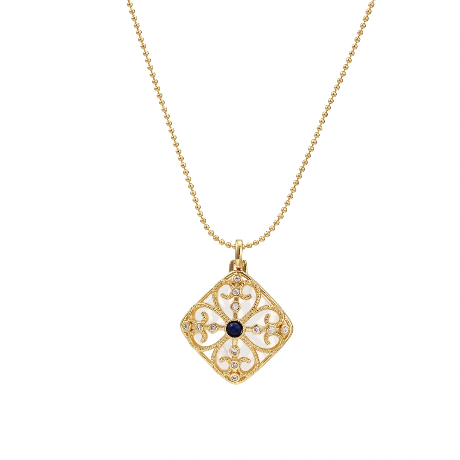 Gold filigree pendant with quatrefoil design, deep blue lapis lazuli center, clear crystal accents on ball chain