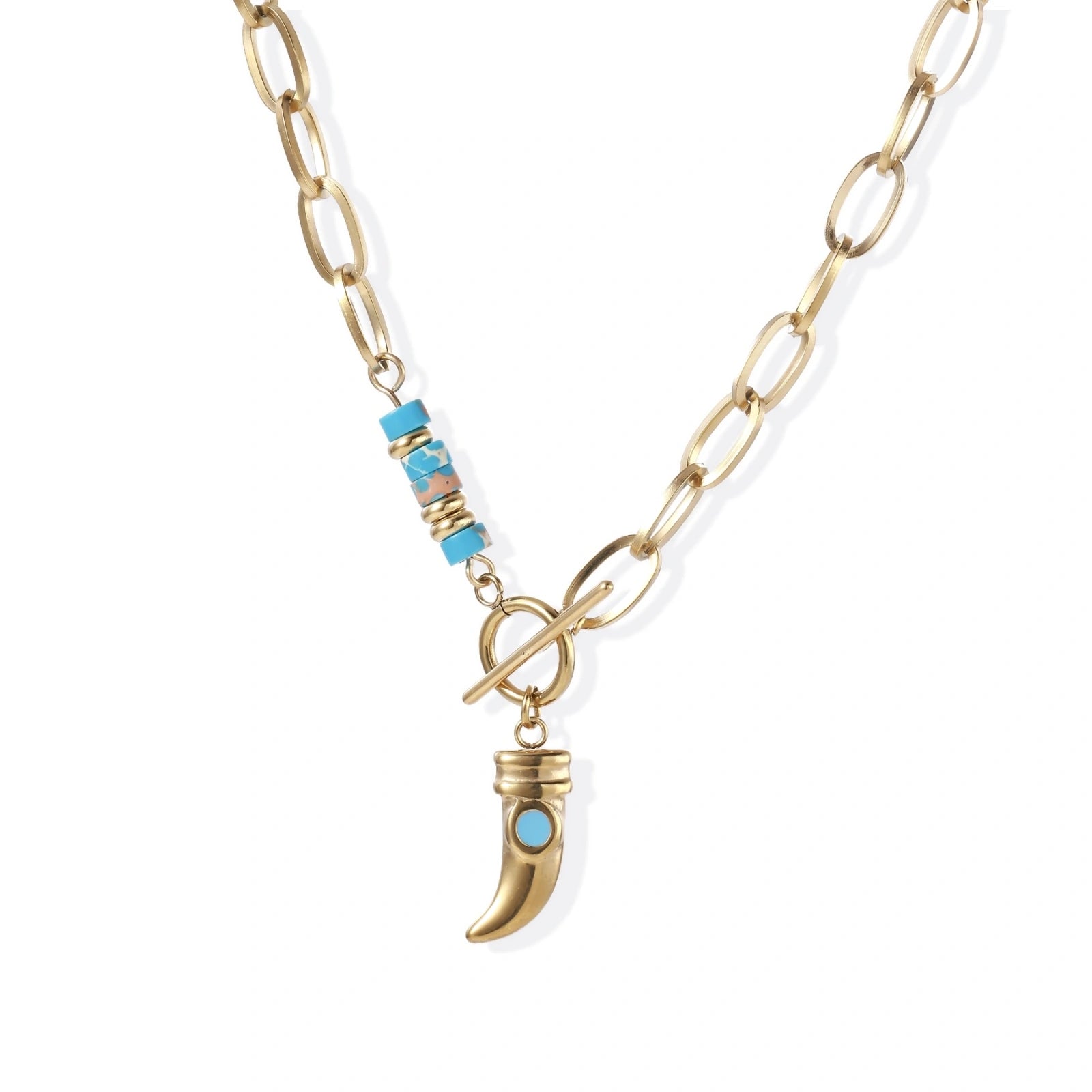 Gold chunky chain necklace with turquoise beaded accent and horn pendant on white background