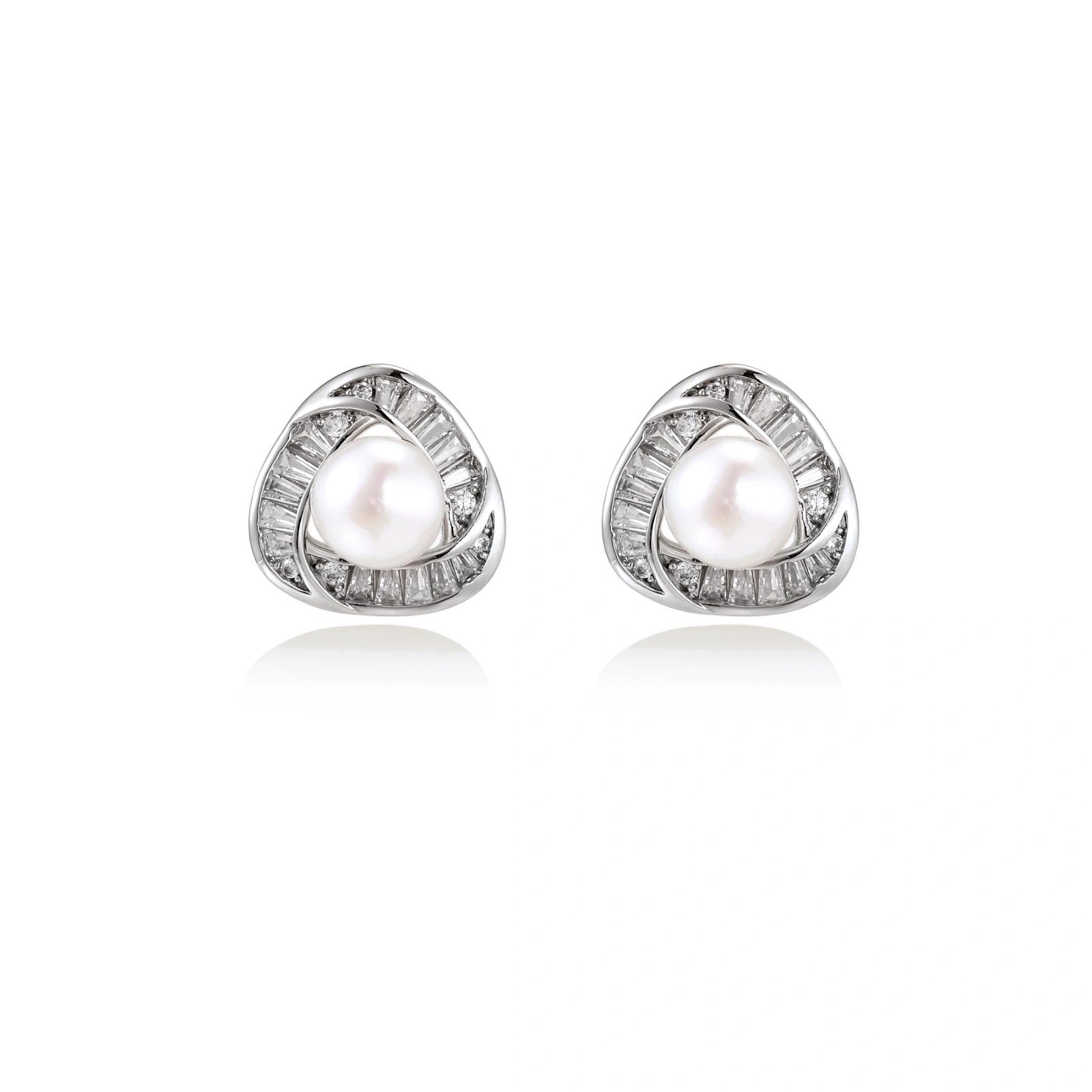 Triangular white gold plated stud earrings with central freshwater pearl and baguette-cut stones on white background