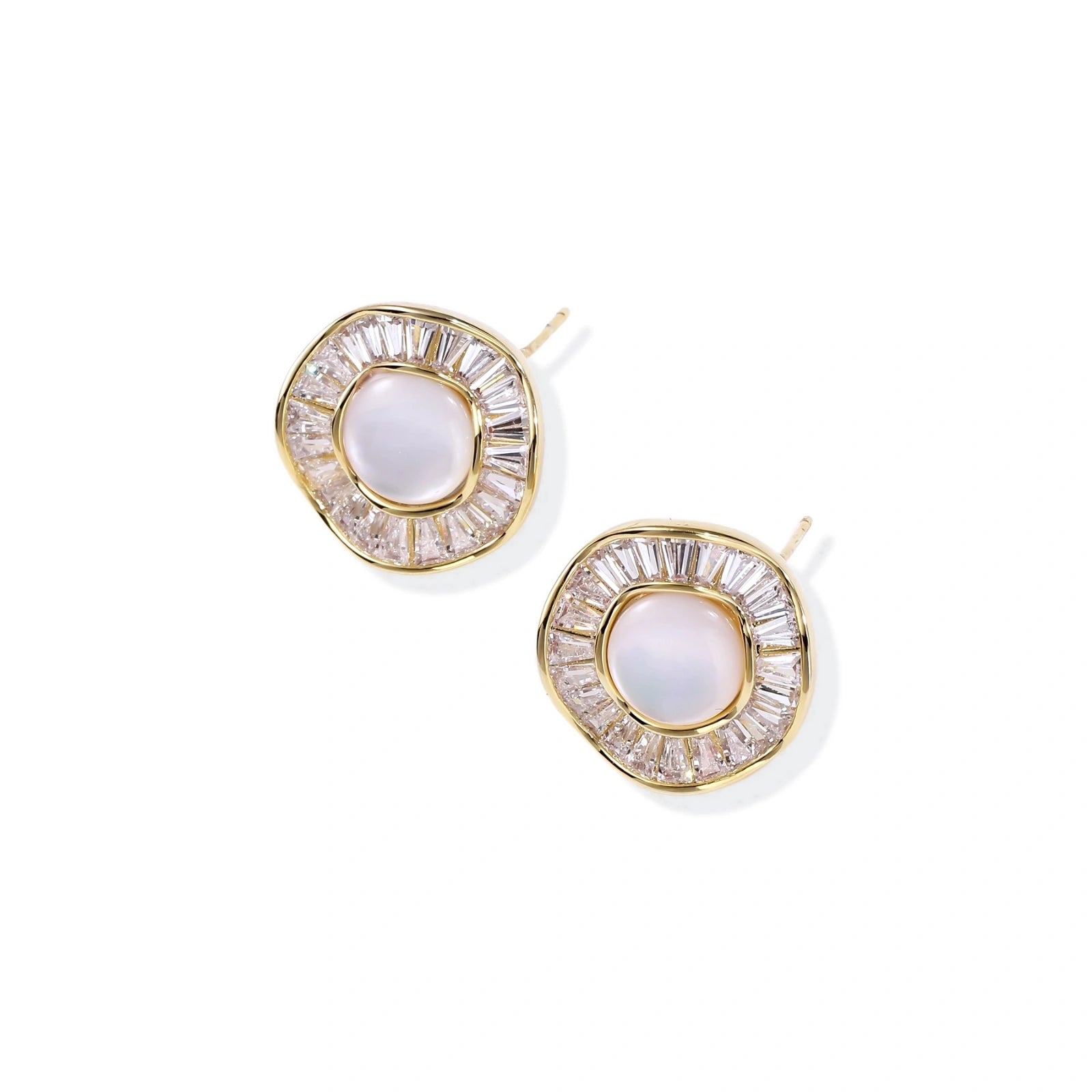 14K gold-plated stud earrings with freshwater pearl center surrounded by baguette-cut crystal halo in sunburst design