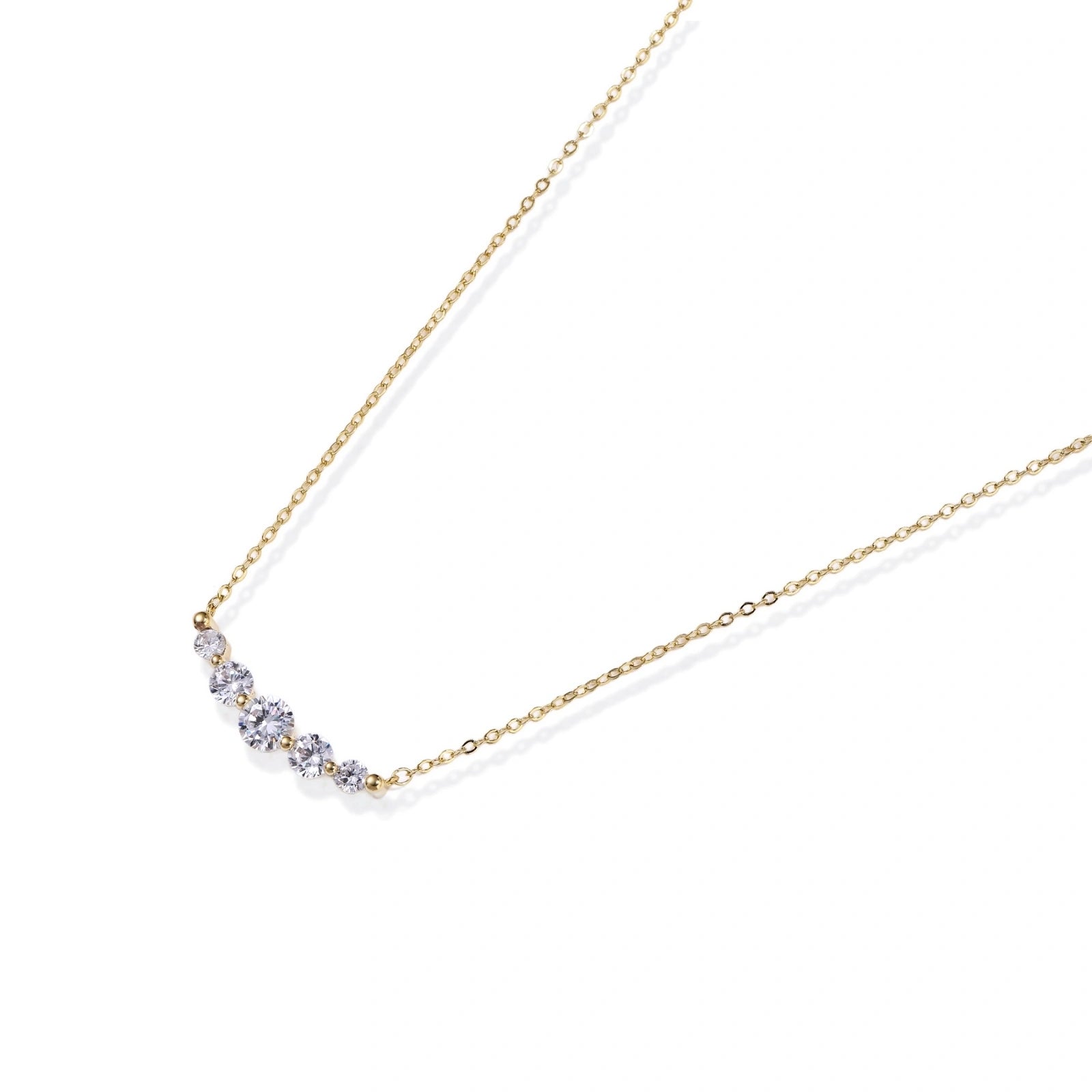 Delicate 14K gold-plated necklace with five graduated zirconia stones arranged in a curved arc on fine chain