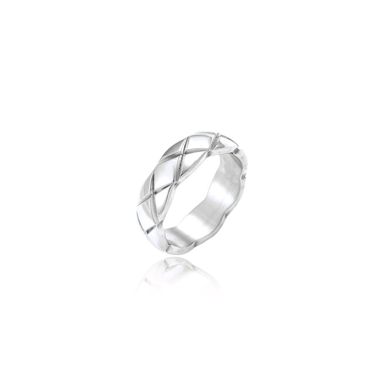 Braided stainless steel band ring with geometric interwoven strands in brushed silver finish on white background